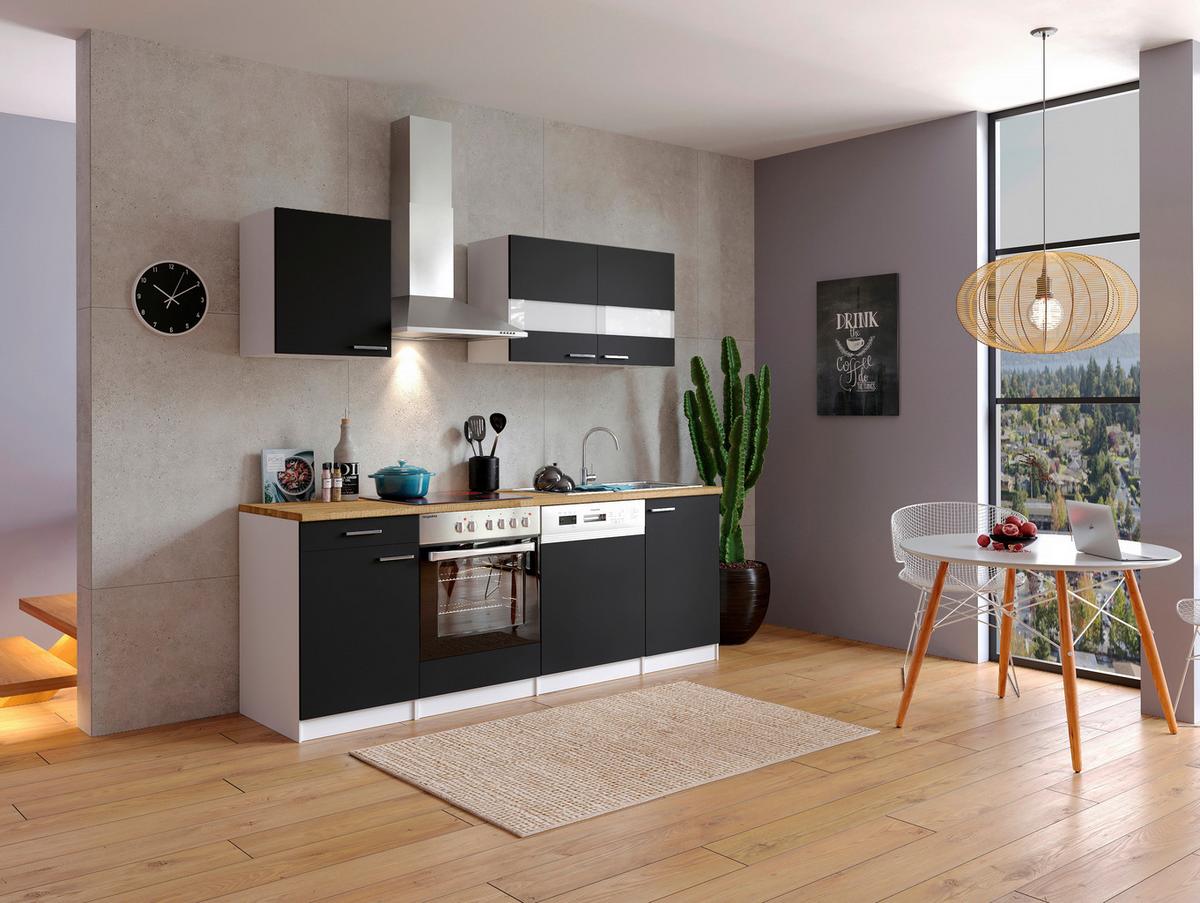Küchenzeile Economy M. Geräten 220 Cm Schwarz/nussbaum Dekor - Nussbaumfarben/Schwarz, Basics, Holzwerkstoff (220cm) - Respekta