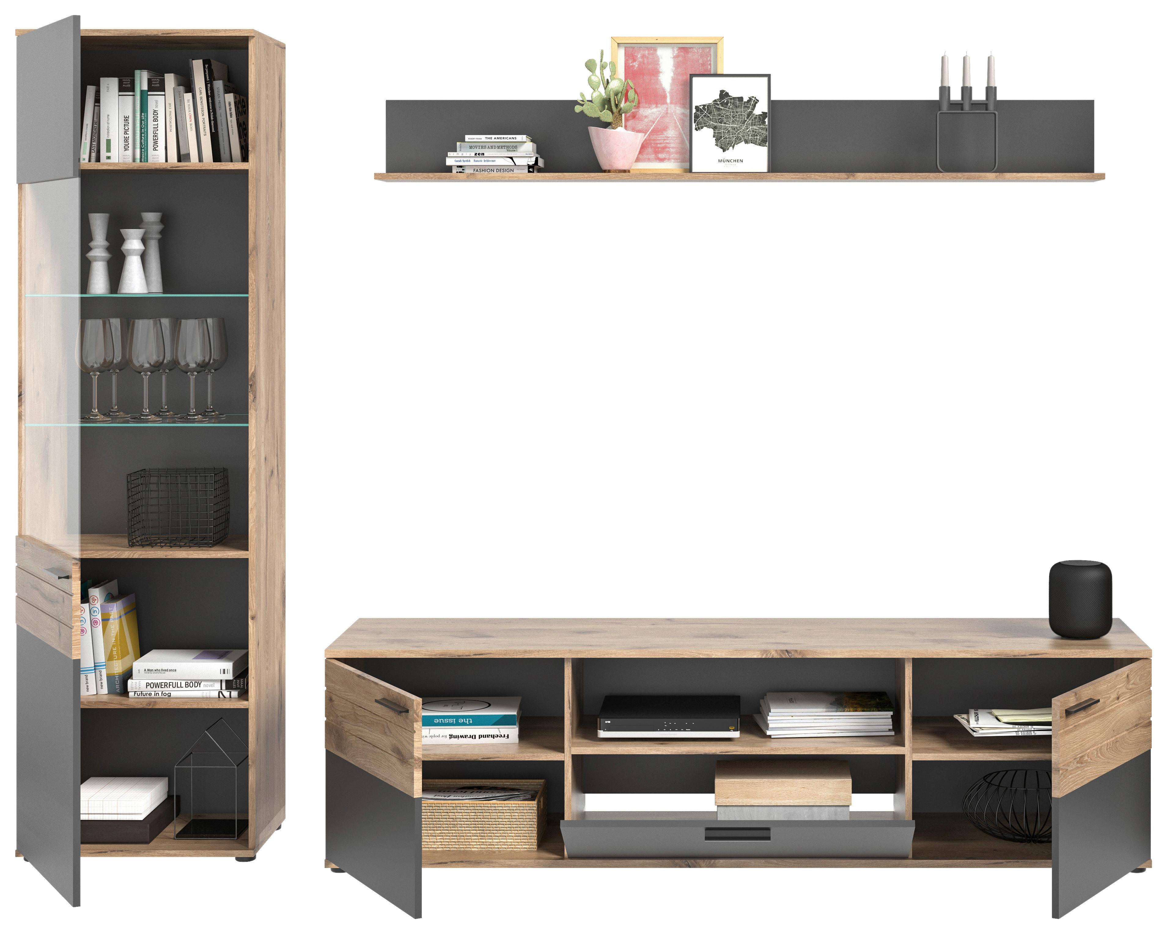 Wohnwand Mason Grau B: 266 cm - Grau, KONVENTIONELL, Glas/Holzwerkstoff (266/200/47cm) - MID.YOU