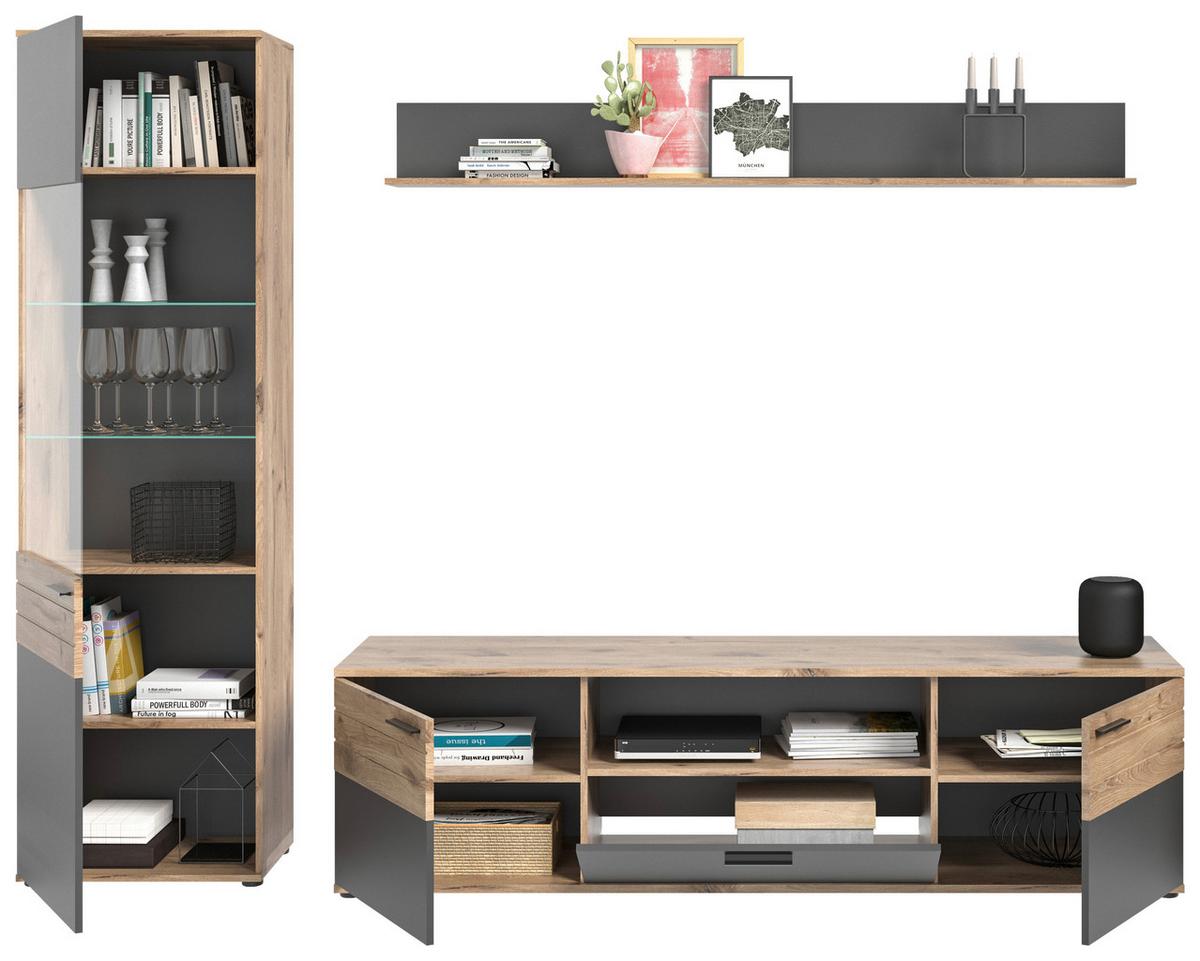 Wohnwand Mason Grau B: 266 cm - Grau, KONVENTIONELL, Glas/Holzwerkstoff (266/200/47cm) - MID.YOU