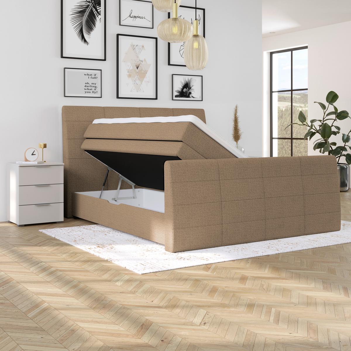 Boxspringbett Mit Topper & Bettkasten 180x200 Libra - Hellbraun/Schwarz, KONVENTIONELL, Textil (180/200cm)