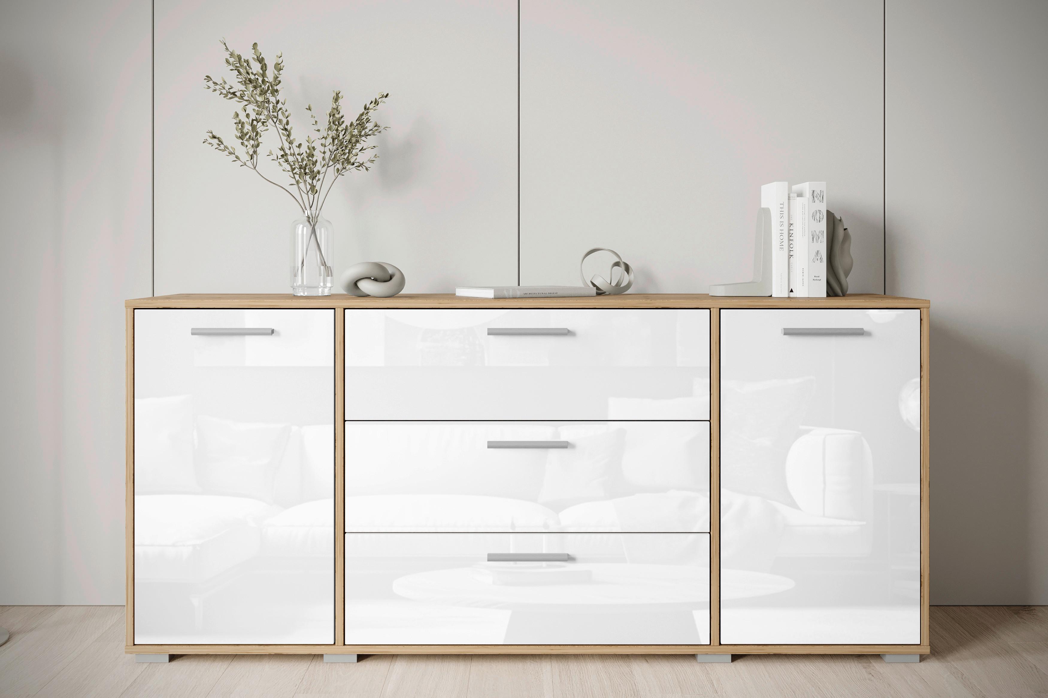Sideboard 150cm Bogota XL Grau - Weiß Hochglanz/Eiche Wotan, Basics, Holzwerkstoff (150/68/40cm) - MID.YOU