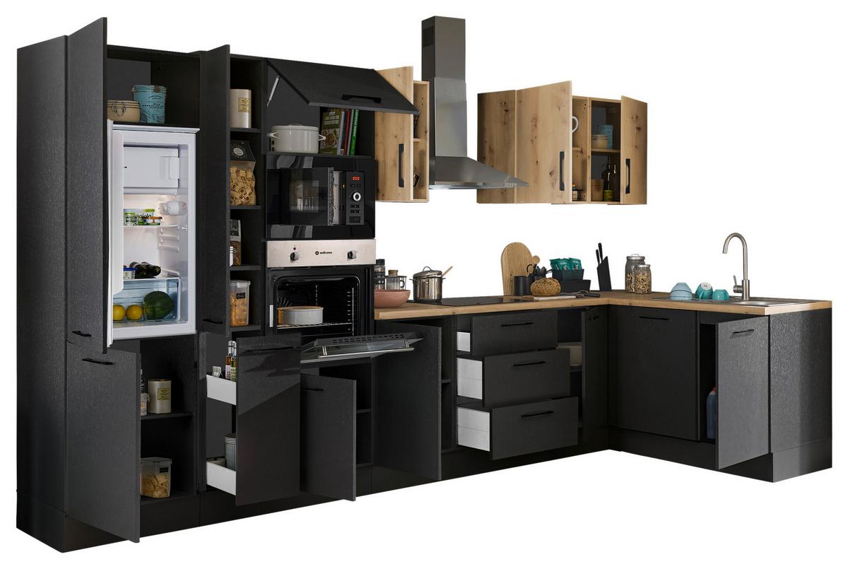 Eckküche Turin Schwarz/Eiche Dekor 370x175 cm - Schwarz/Eiche Artisan, Basics, Holzwerkstoff (370/175cm) - MID.YOU