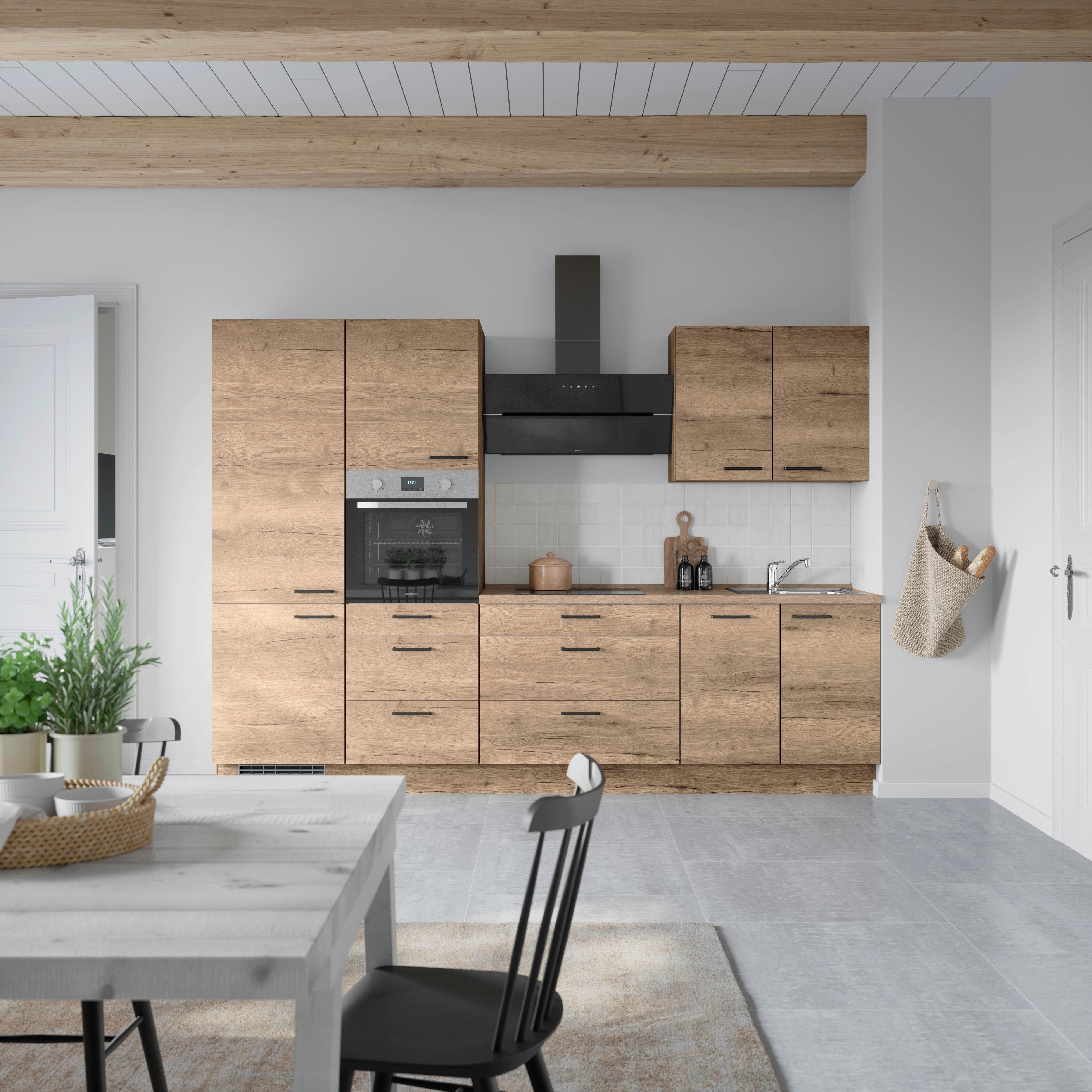 Kuchyňská linka 300 cm, dekor dub Havanna - černá/tmavý dub, Moderní, kov/kompozitní dřevo (300cm) - Nobilia