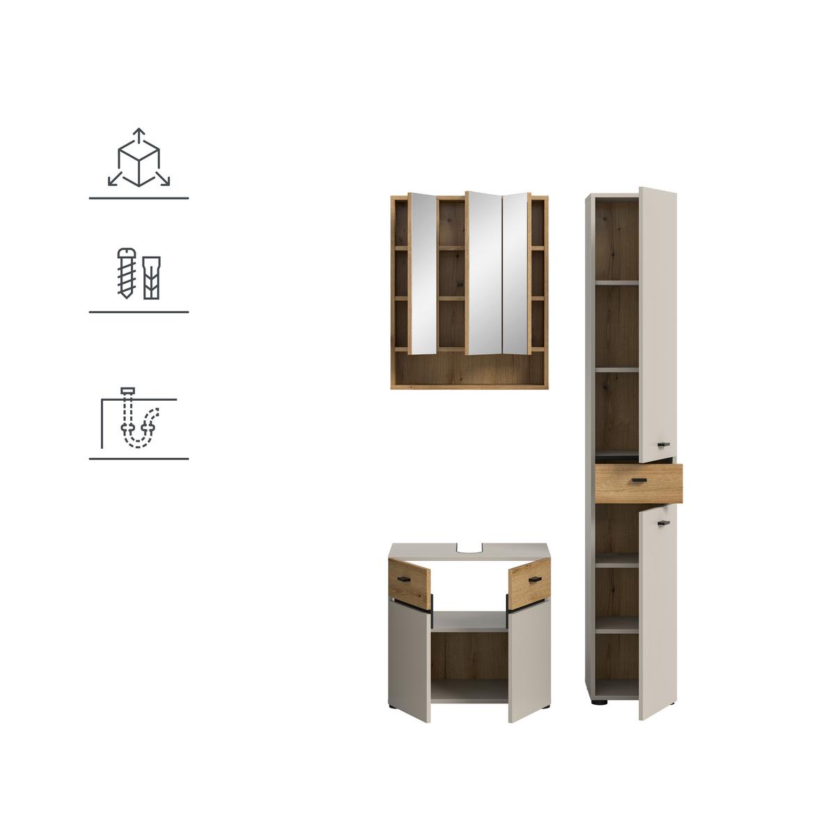 Badezimmer Aqua Kaschmir/Eichefarben B: 92cm - Kaschmir/Eichefarben, Trend, Glas/Holzwerkstoff (92cm) - MID.YOU