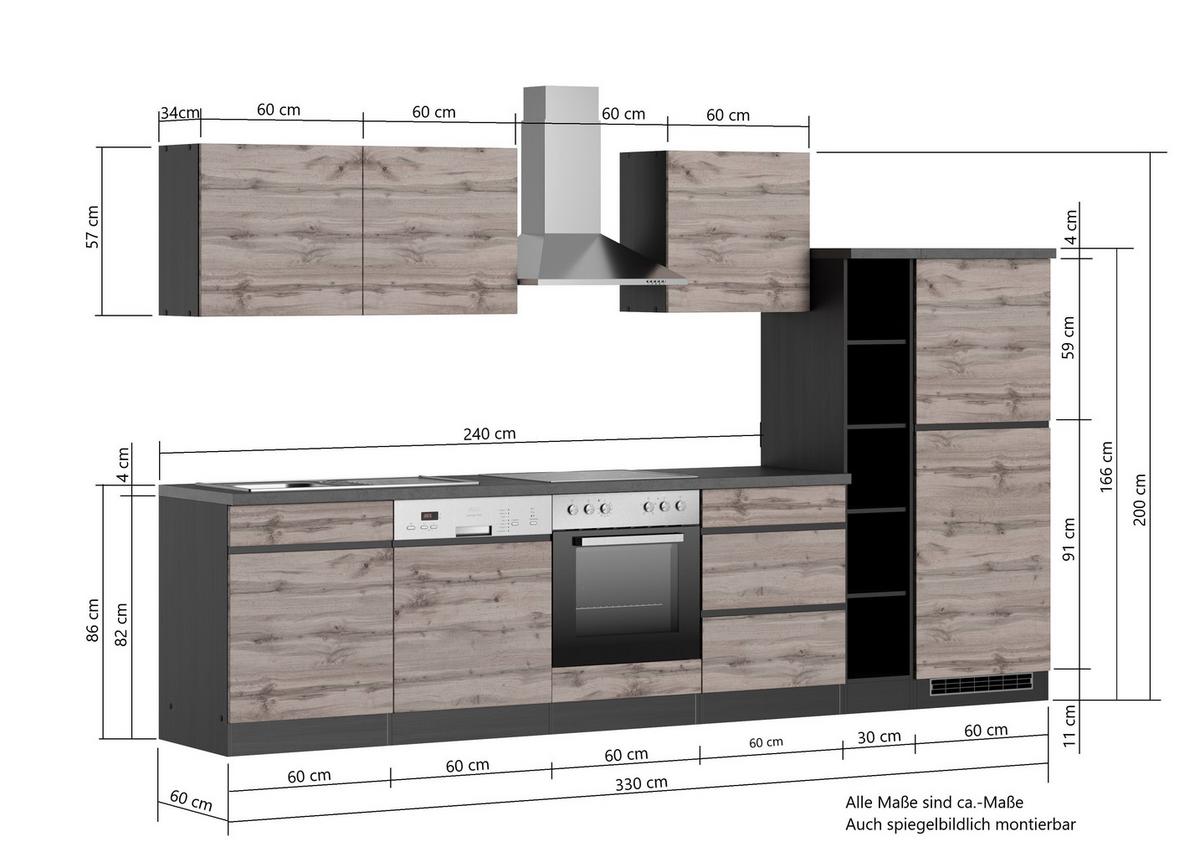 Küchenzeile Turin mit Geräte B: 330cm Grau/Wotaneiche Dekor - Eiche Wotan/Grau, Design, Holzwerkstoff (330cm) - Held