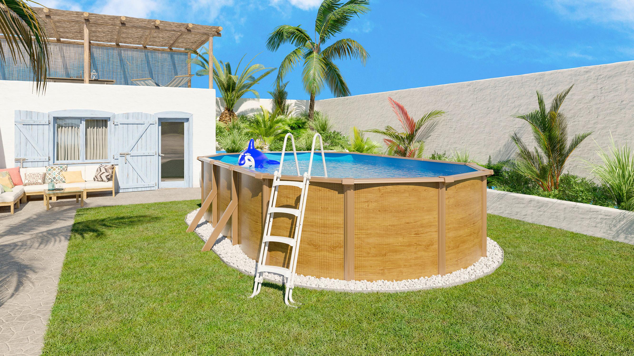 Pool-Set Steely De Luxe Wood 3-teilig, Laufruhige Pumpe - Hellbraun/Hellblau, Basics, Metall (635/390/120cm)