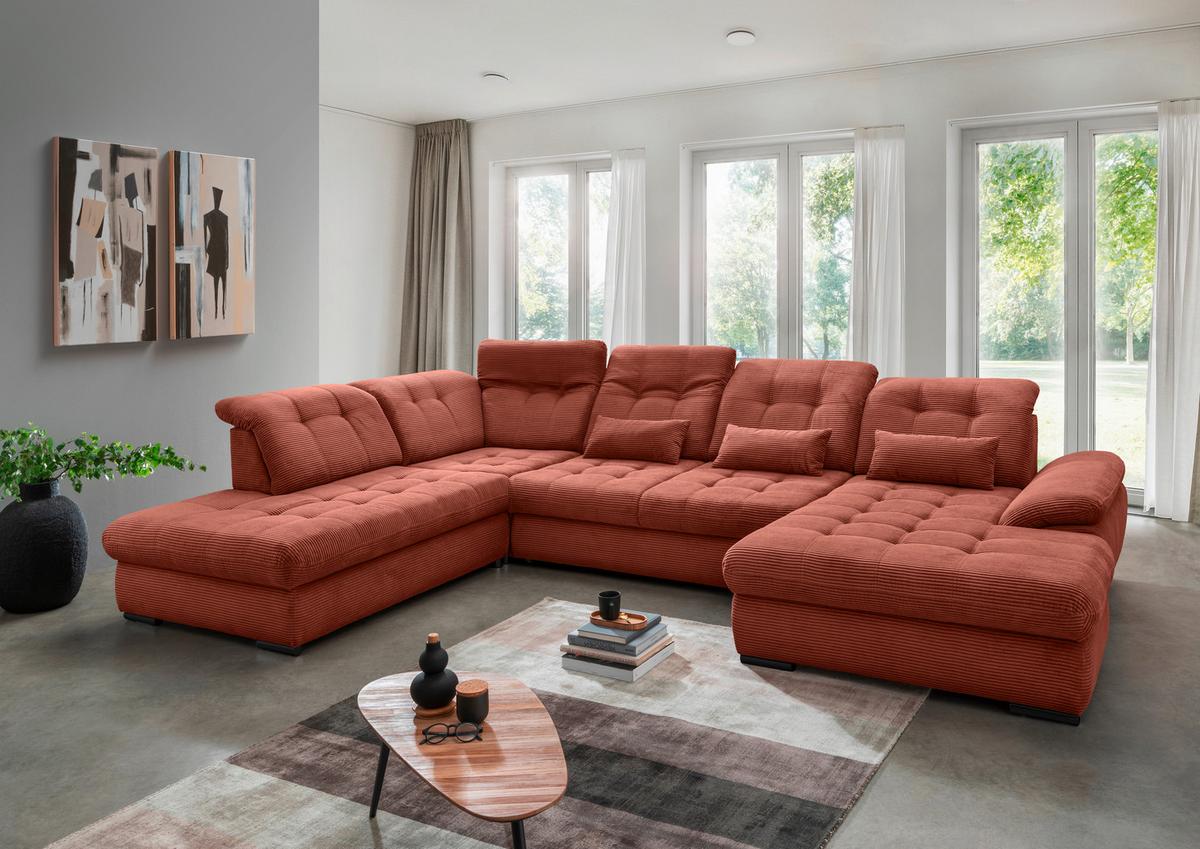 Wohnlandschaft Mit Bettkasten Rigatti Koralle B: 387 Cm - Koralle/Schwarz, MODERN, Textil (252/387/184cm) - Livetastic