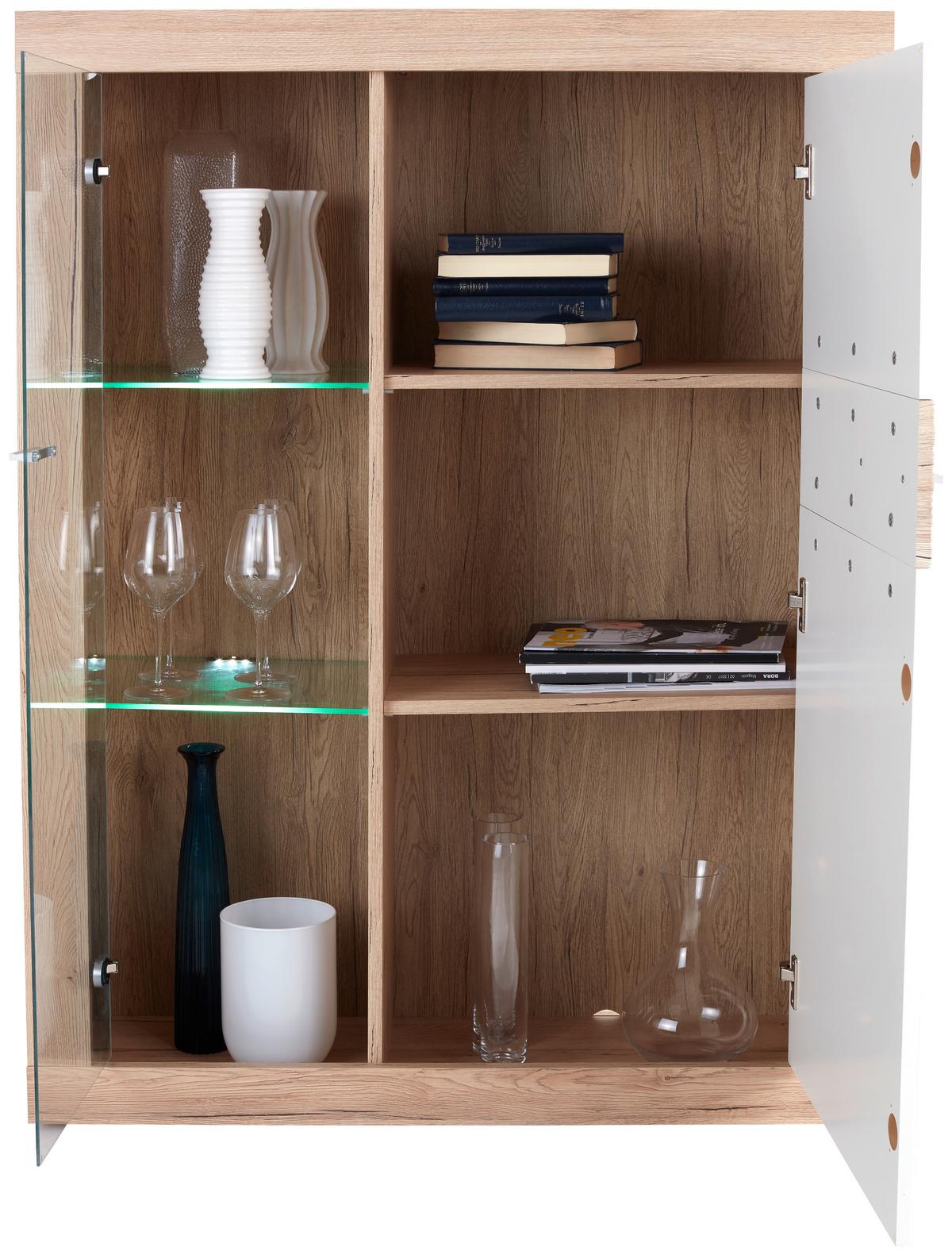 Vitrine Malta B: 96 Cm Inkl. Beleuchtung, Eiche Dekor/weiß - Eichefarben/Schwarz, MODERN, Glas/Holzwerkstoff (96/132/35cm)