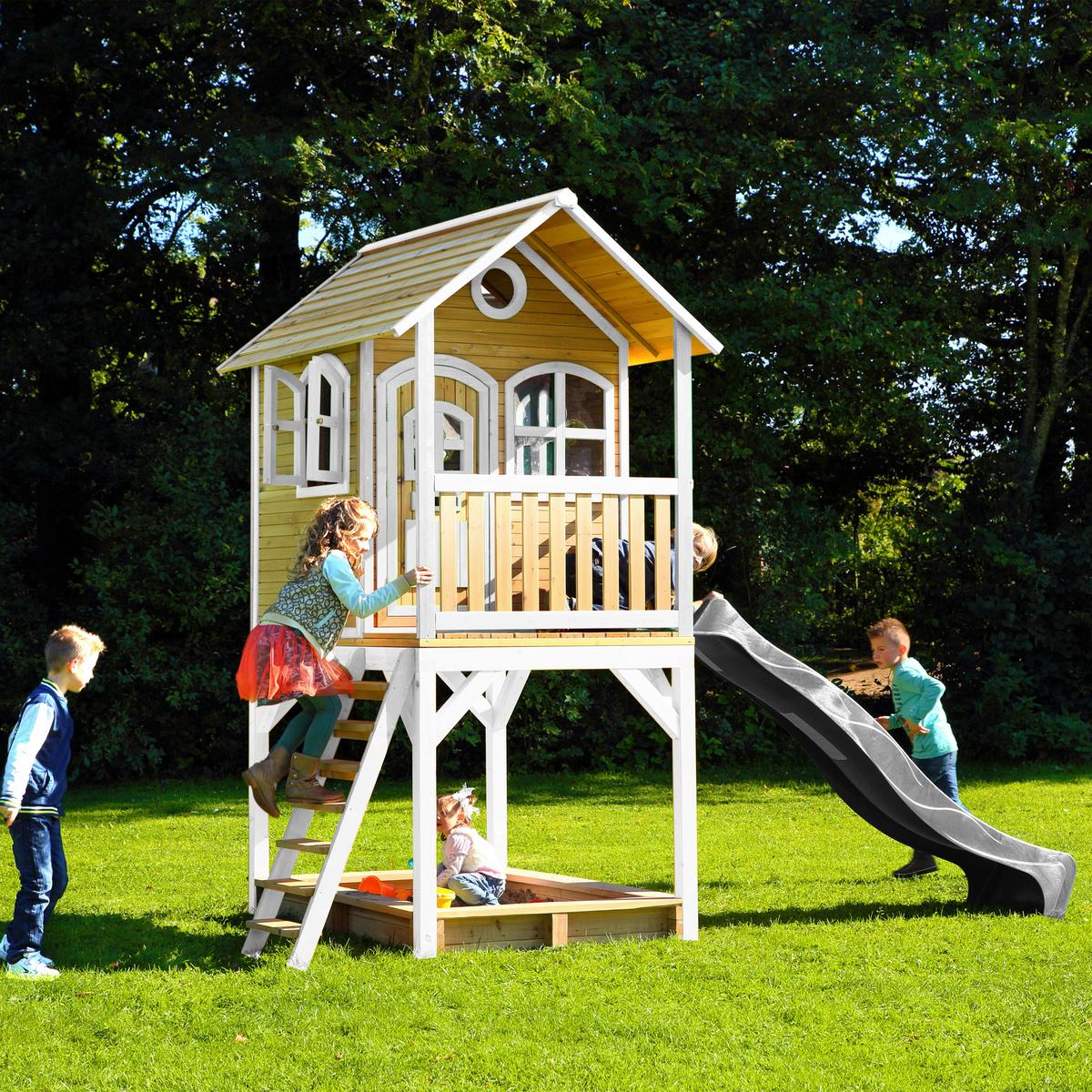 Spielhaus Sarah Braun/grau/weiß B: 370 Cm - Braun/Weiß, KONVENTIONELL, Holz/Kunststoff (370/291/191cm) - Ambia Garden