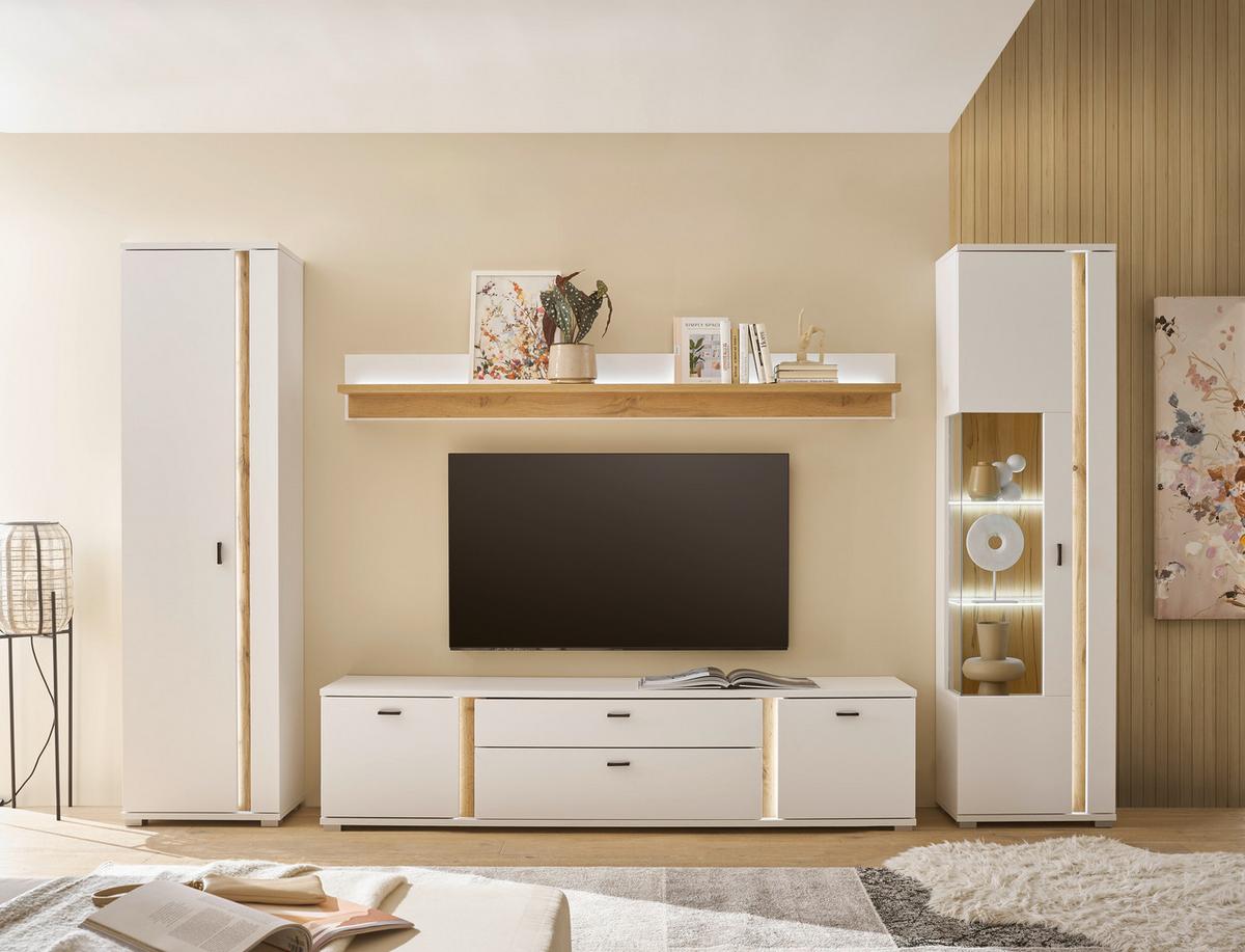 Wohnwand Long Island Weiß/Eiche Wotan B: 330cm - Silberfarben/Eiche Wotan, Design, Glas/Holzwerkstoff (330/200/42cm) - MID.YOU