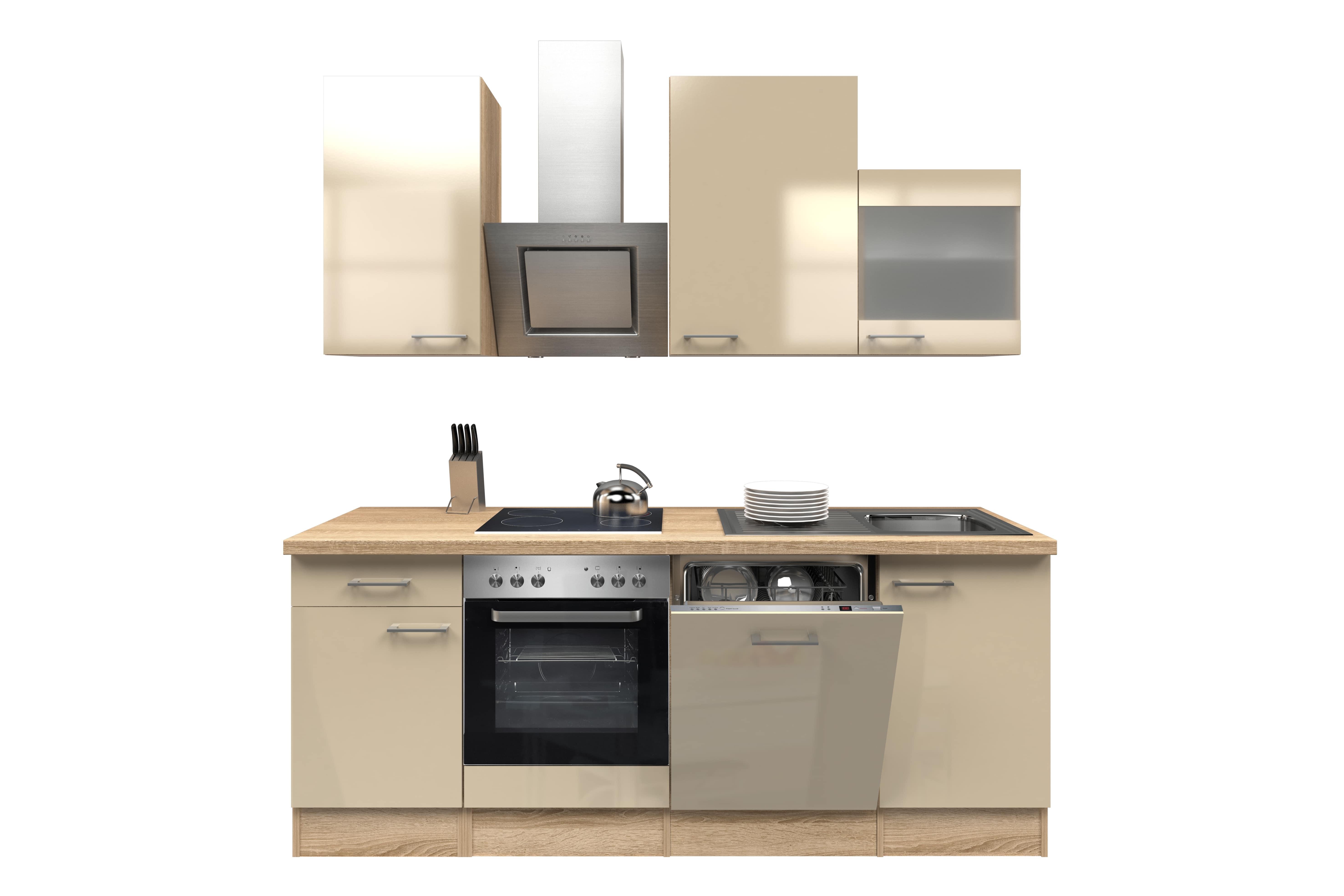 Küchenzeile Nepal mit Geräten 220 cm Kaschmir/Eiche Dekor - Kaschmir/Sonoma Eiche, MODERN, Glas/Holzwerkstoff (220cm) - FlexWell