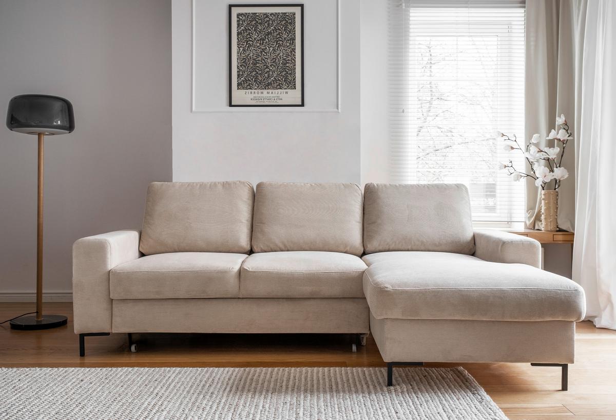 Rohová sedačka LEONIE, pravá, béžový manšestr - černá/béžová, Design, kov/dřevo (236/148cm)