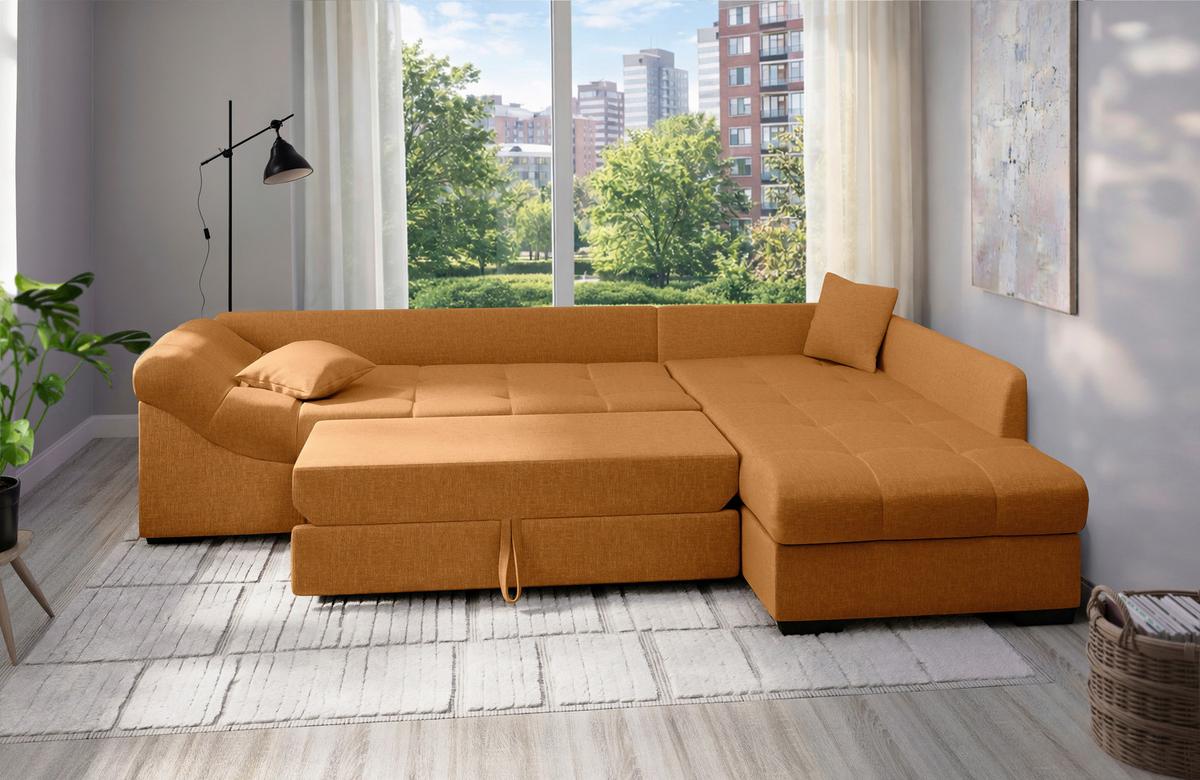 Eckschlafsofa Alvito Goldfarben S: 298x202cm - Goldfarben/Schwarz, MODERN, Textil (298/202cm) - MID.YOU