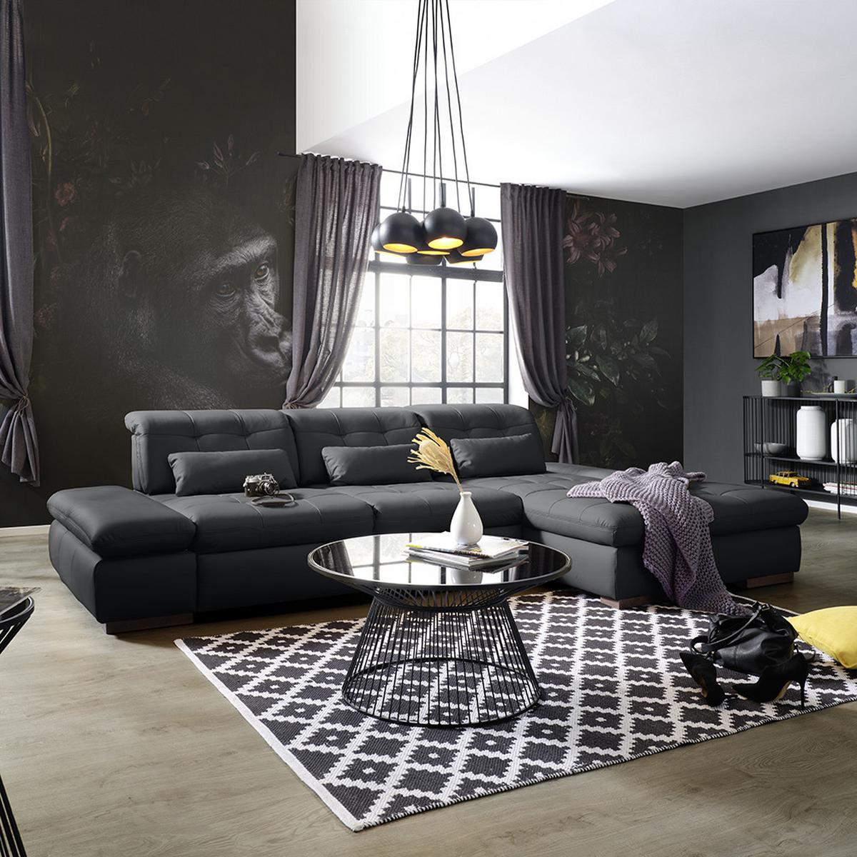 Rohová sedačka SANFINO, pravá, čierna pravá koža - čierna/chrómová, Konventionell, kov/koža (305/79-96/199cm) - Premium Living