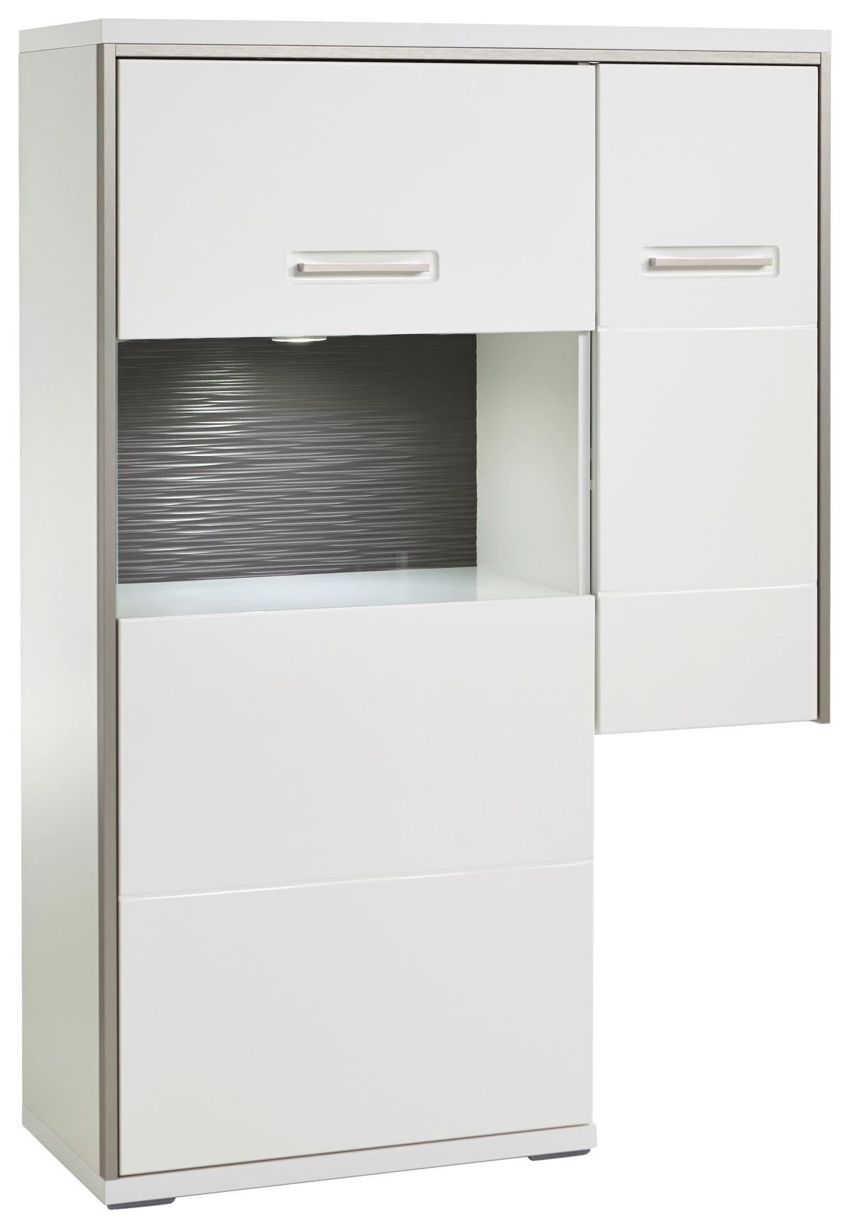 Highboard B: 94 cm Trento Grau/Silberfarben/Weiß - Weiß Hochglanz/Silberfarben, Design, Glas/Holzwerkstoff (94/137/38cm) - Livetastic