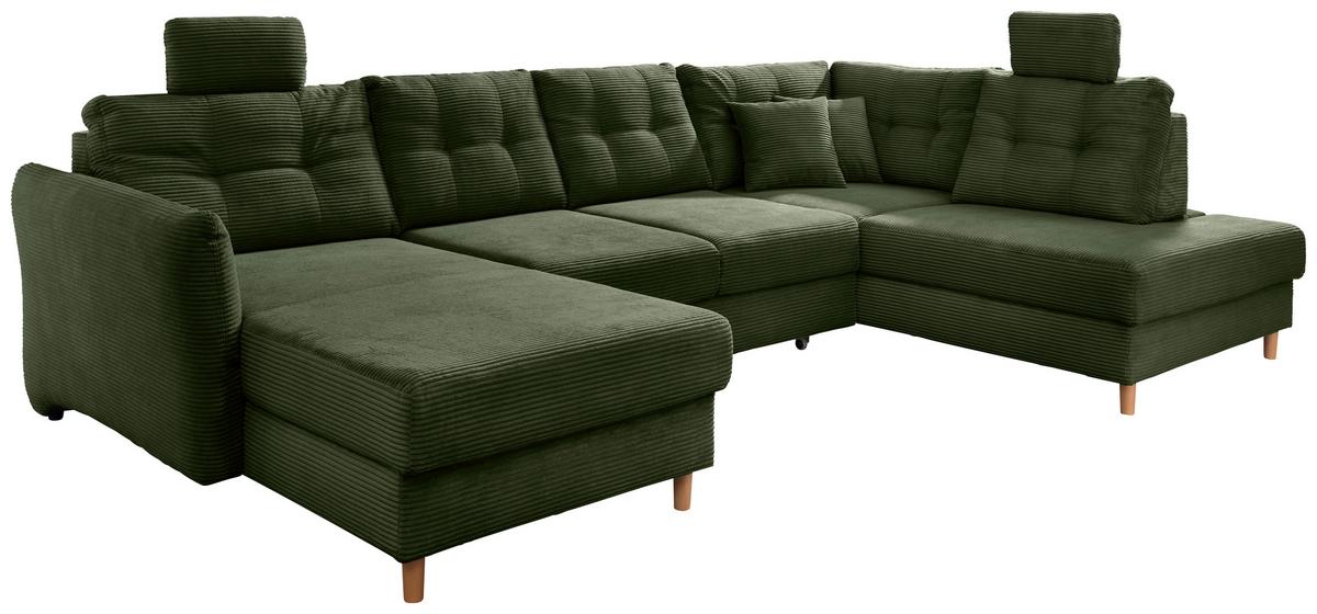 Wohnlandschaft Brizzini Mit Schlaffunktion, Dunkelgrün - Dunkelgrün/Naturfarben, MODERN, Textil (176/338-352/206cm) - Livetastic