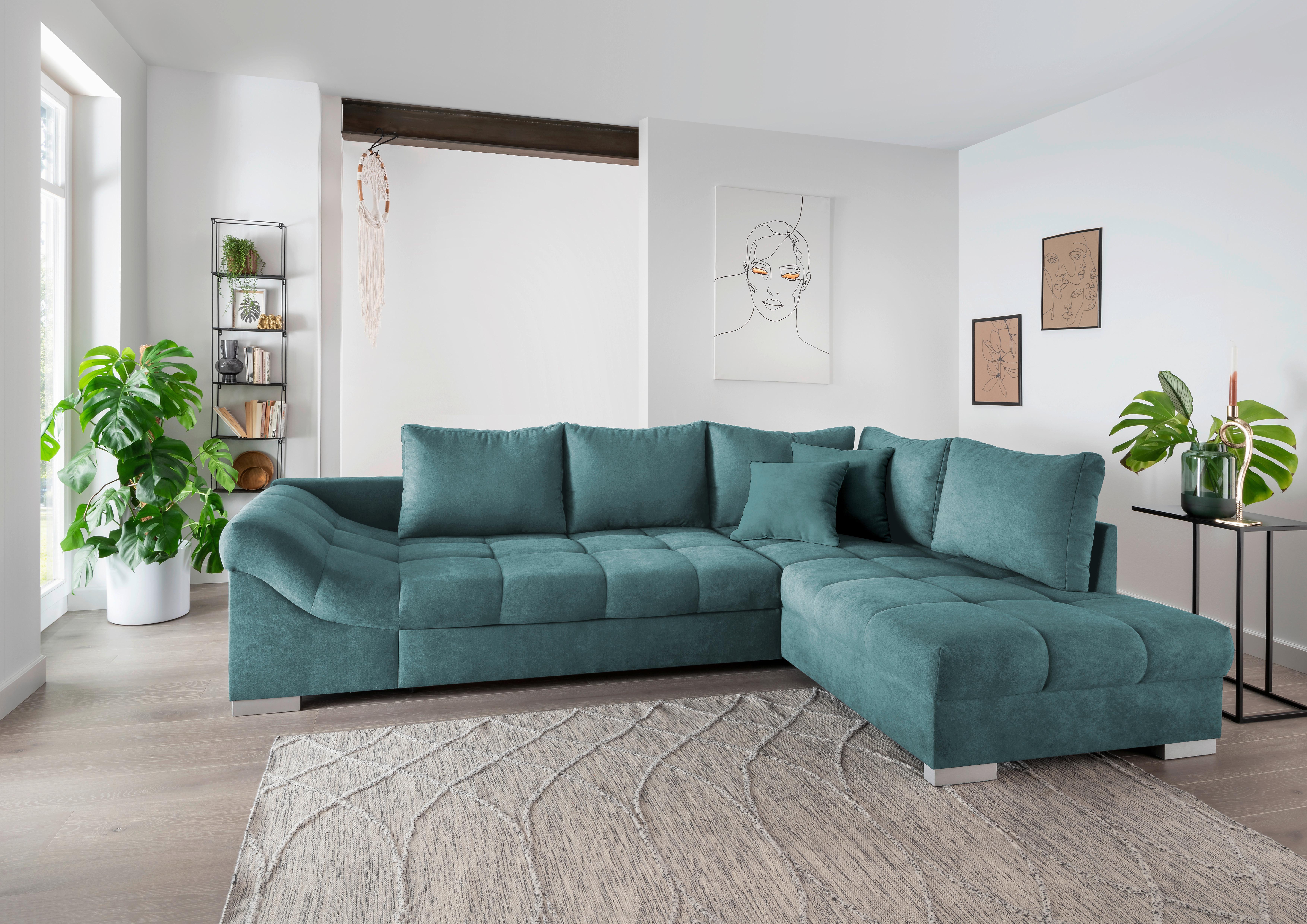 Eckschlafsofa Alvito - Silberfarben/Petrol, Design, Textil (298/202cm) - MID.YOU