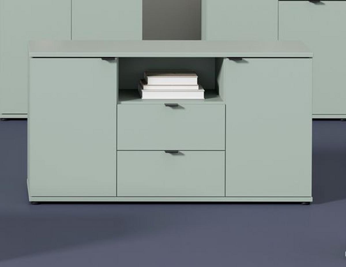 TV diel Ganymede, šalviovozelená, š: 130cm - čierna/šalviovozelená, Modern, kov/kompozitné drevo (129,8/63,1/41,3cm)