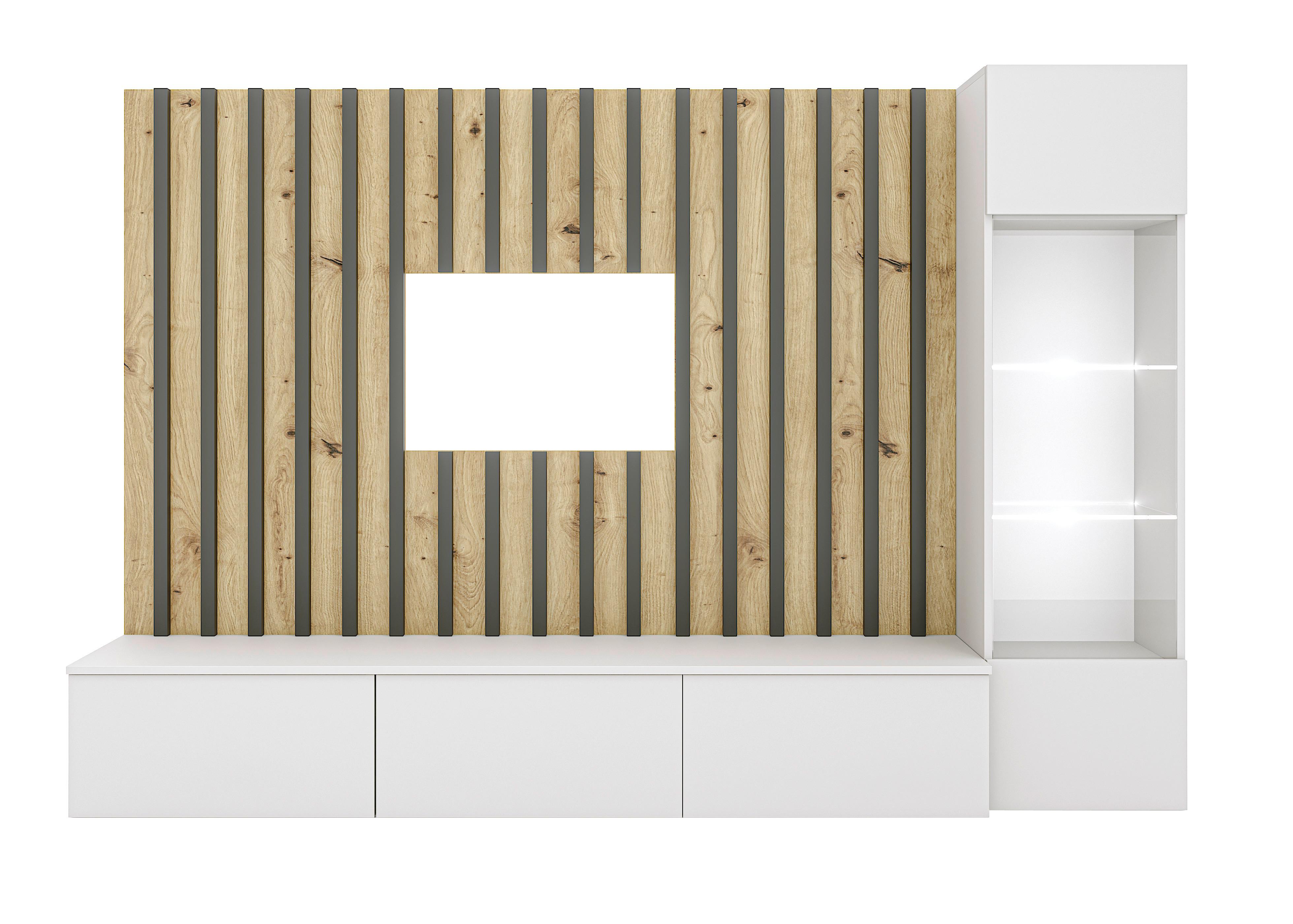 Obývacia stena LAMEL - čierna/sivá, Design, kompozitné drevo/sklo (220/148/35cm) - MID.YOU