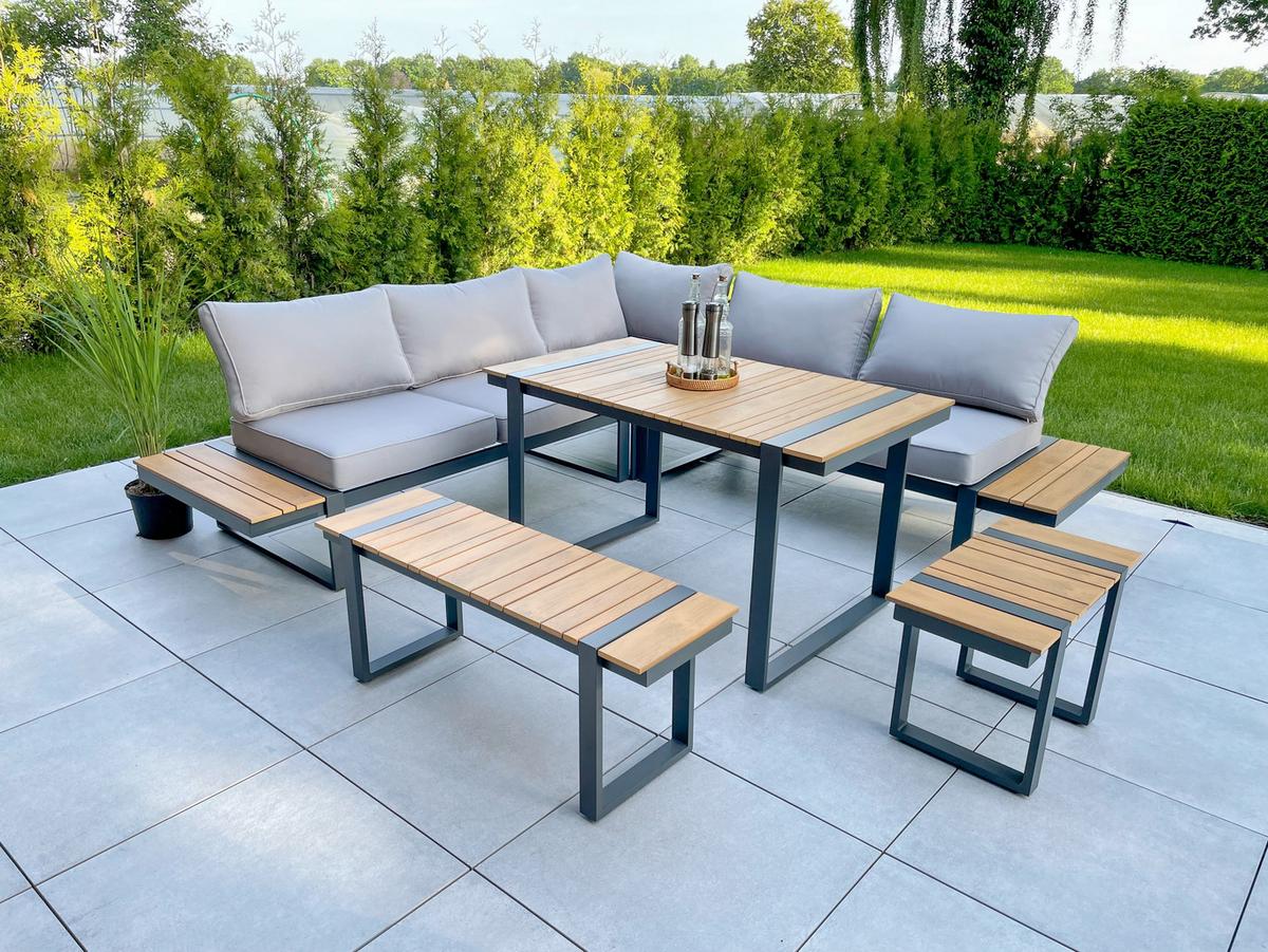 Loungegarnitur Belmira - Hellbraun/Dunkelgrau, Basics, Kunststoff/Textil - Gardenson