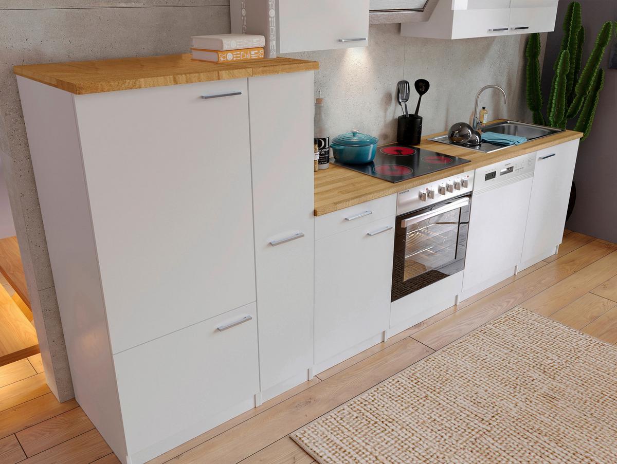Küchenzeile Economy mit Geräten 310 cm Weiß/Nussbaum Dekor - Nussbaumfarben/Weiß, Basics, Holzwerkstoff (310cm) - Respekta