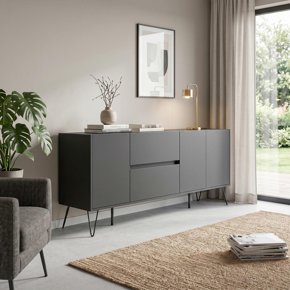 Sideboard Posseik Industrial Graphitfarben B: 177 cm - Graphitfarben/Schwarz, Design, Holzwerkstoff (177/75,8/42cm) - MID.YOU