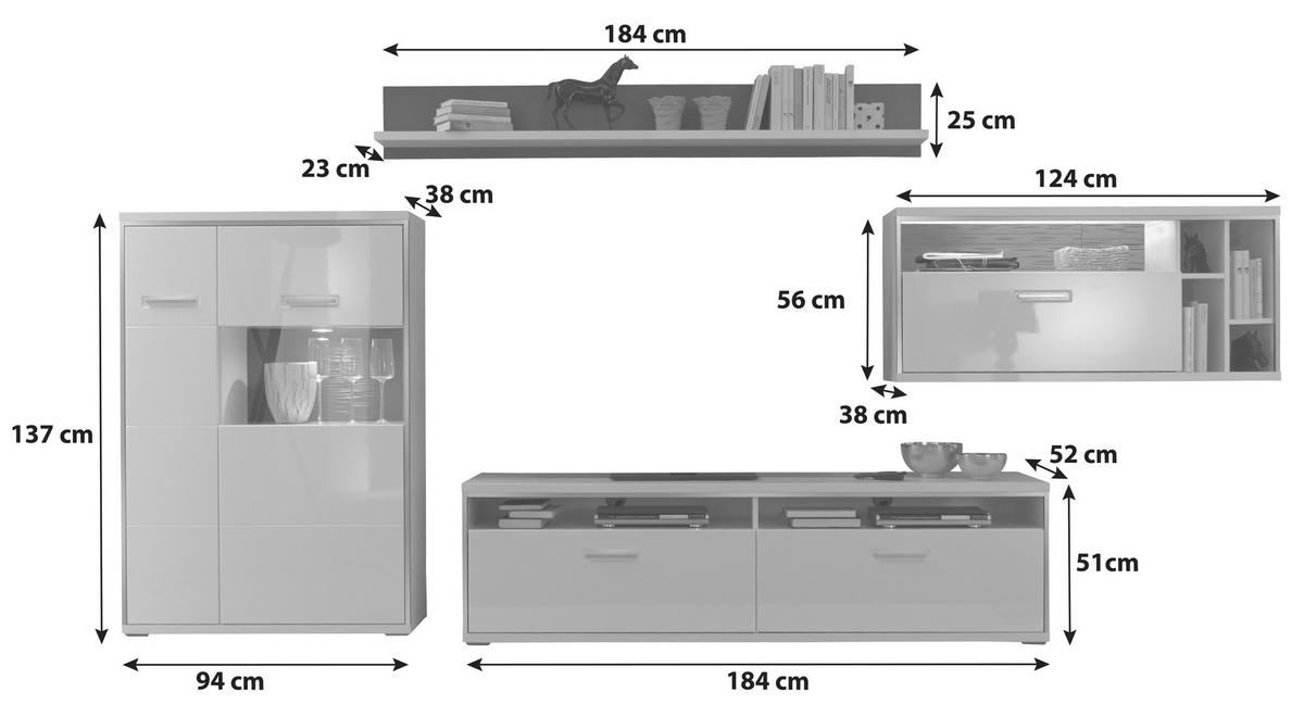 Wohnkombination 4-Tlg. Trento Grau/Silbern/Weiß - Weiß Hochglanz/Silberfarben, Design, Glas/Holzwerkstoff (381/186/52cm) - Livetastic