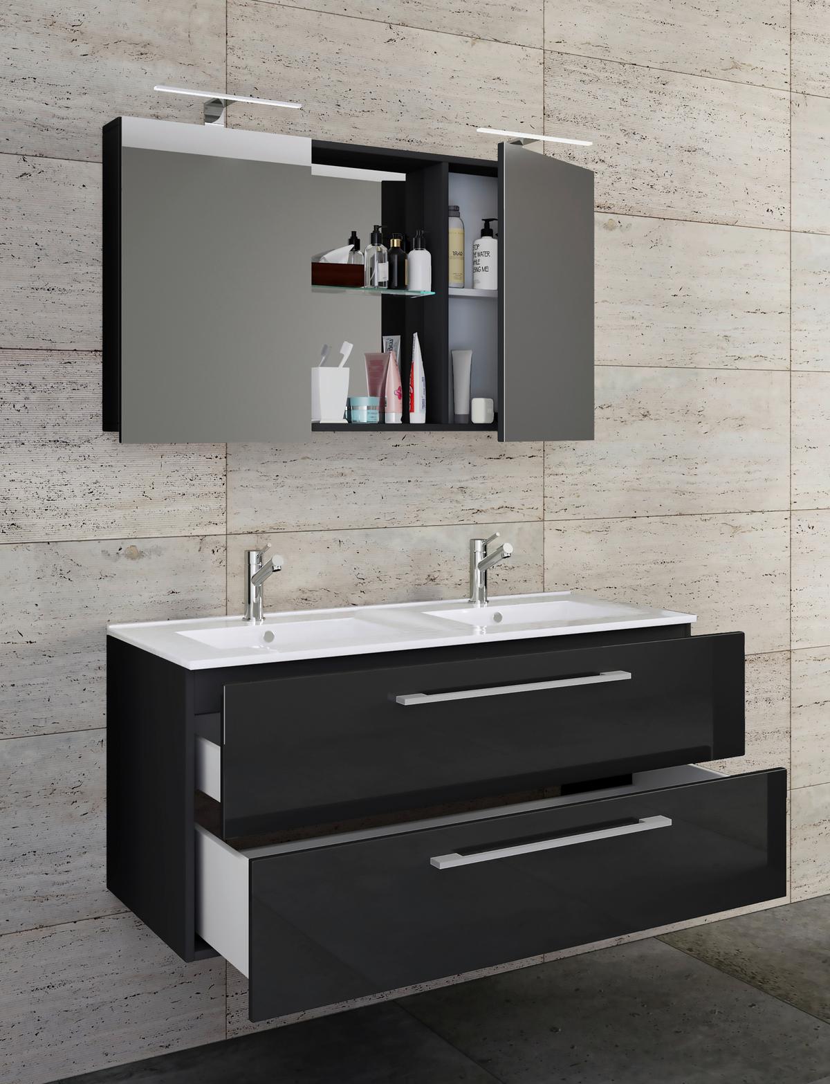 Badezimmer Budasi Schwarz B: 111 cm - Schwarz/Weiß, MODERN, Keramik/Holzwerkstoff (112cm) - MID.YOU