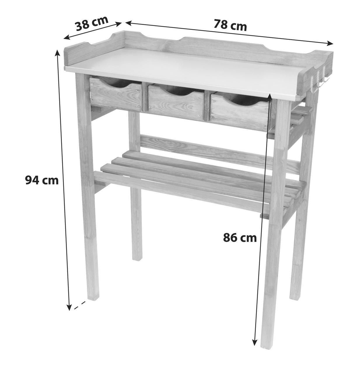 Pflanztisch Holz Mit 3 Laden Und Ablage L/b/h: 78/38/94 Cm - Kieferfarben, KONVENTIONELL, Holz/Metall (78/94/38cm)