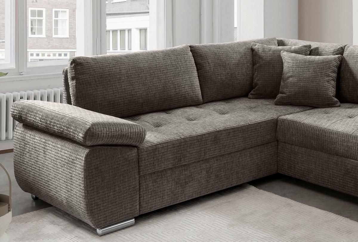 Wohnlandschaft Terana Graubr. mit Schlaffunktion, Mikrofaser - Chromfarben/Graubraun, KONVENTIONELL, Textil (219/305/157cm) - Livetastic