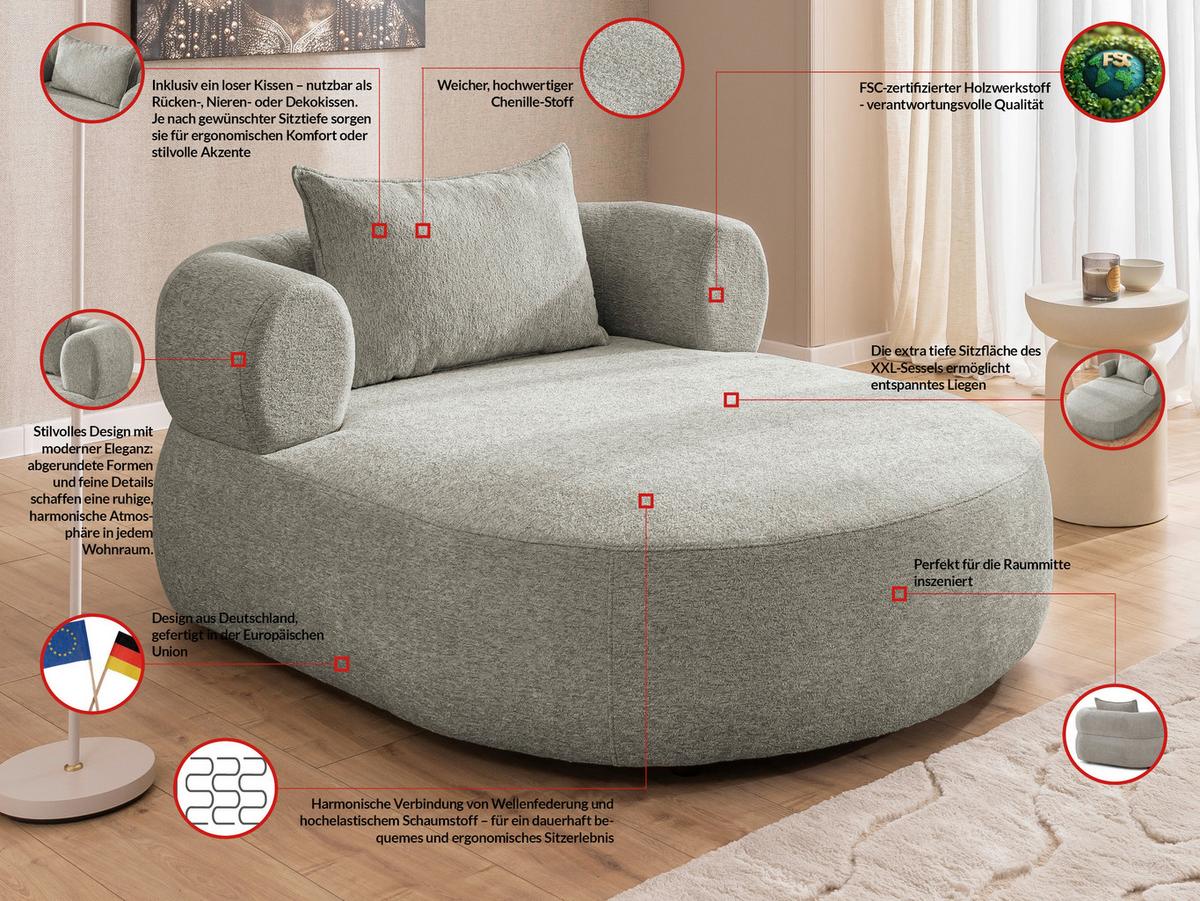 XXL-Sessel Ferro Hellgrau B: 122 cm - Hellgrau/Schwarz, Design, Textil (122/76/156cm) - Livetastic