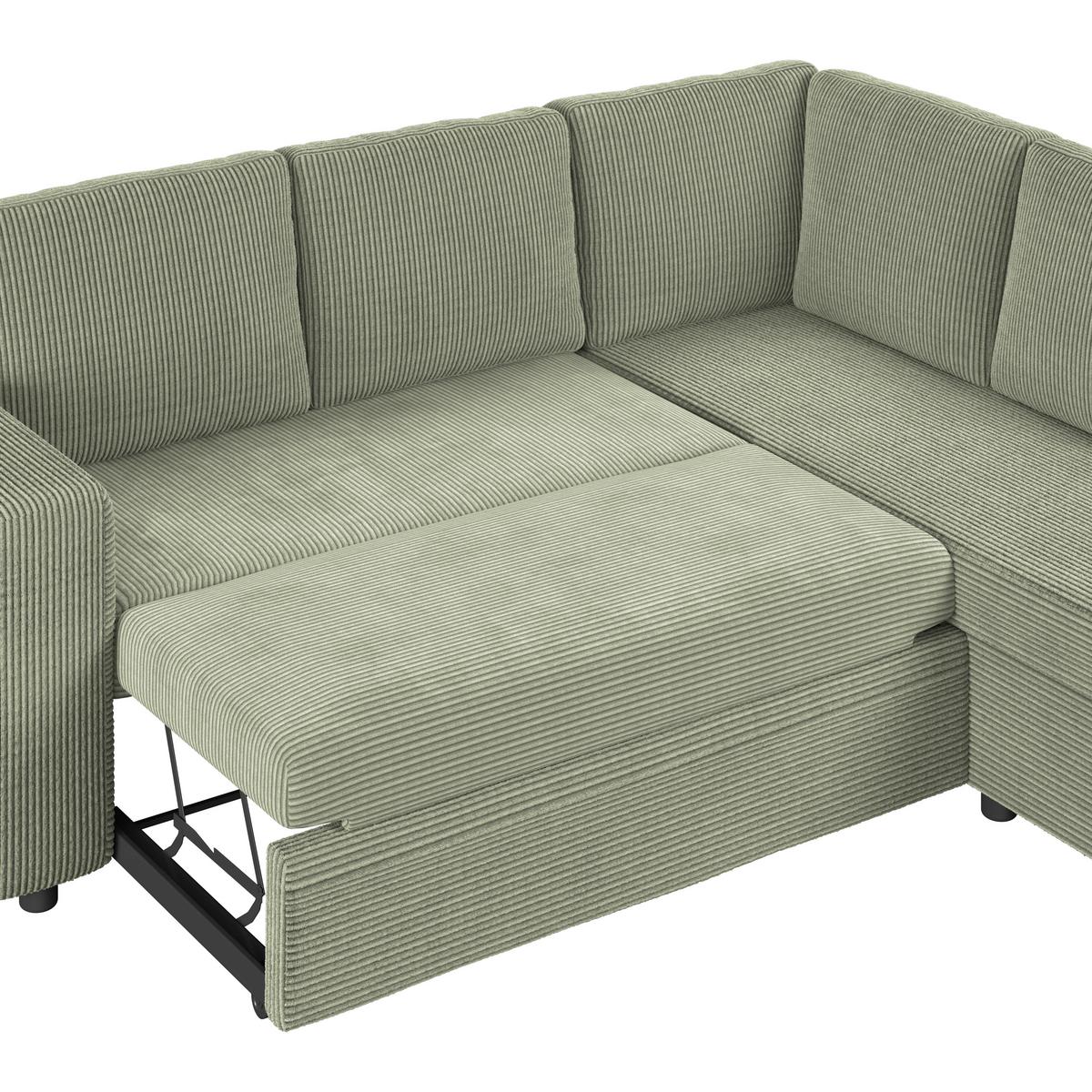Ecksofa mit Schlaffunktion Toulouse Cord kaki, 224x206cm - Khaki/Schwarz, Trend, Holz/Holzwerkstoff (224/206cm)
