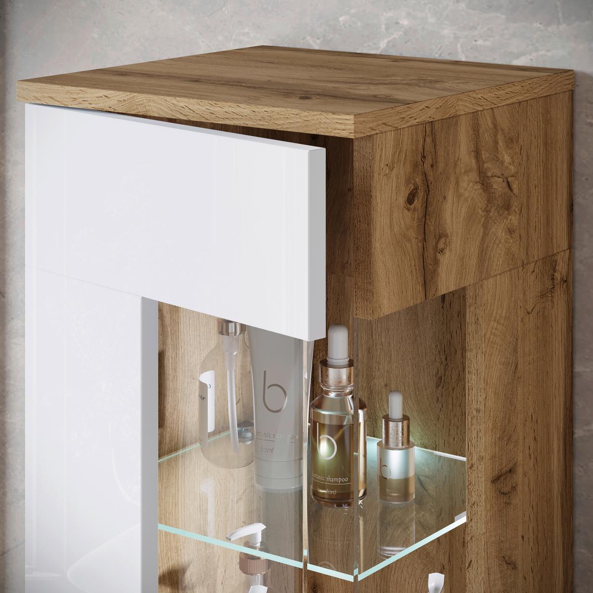 Badezimmer Narobi Eiche Wotan/Weiß B: 120,4 cm - Weiß Hochglanz/Eiche Wotan, Trend, Glas/Keramik (120,4cm) - P & B