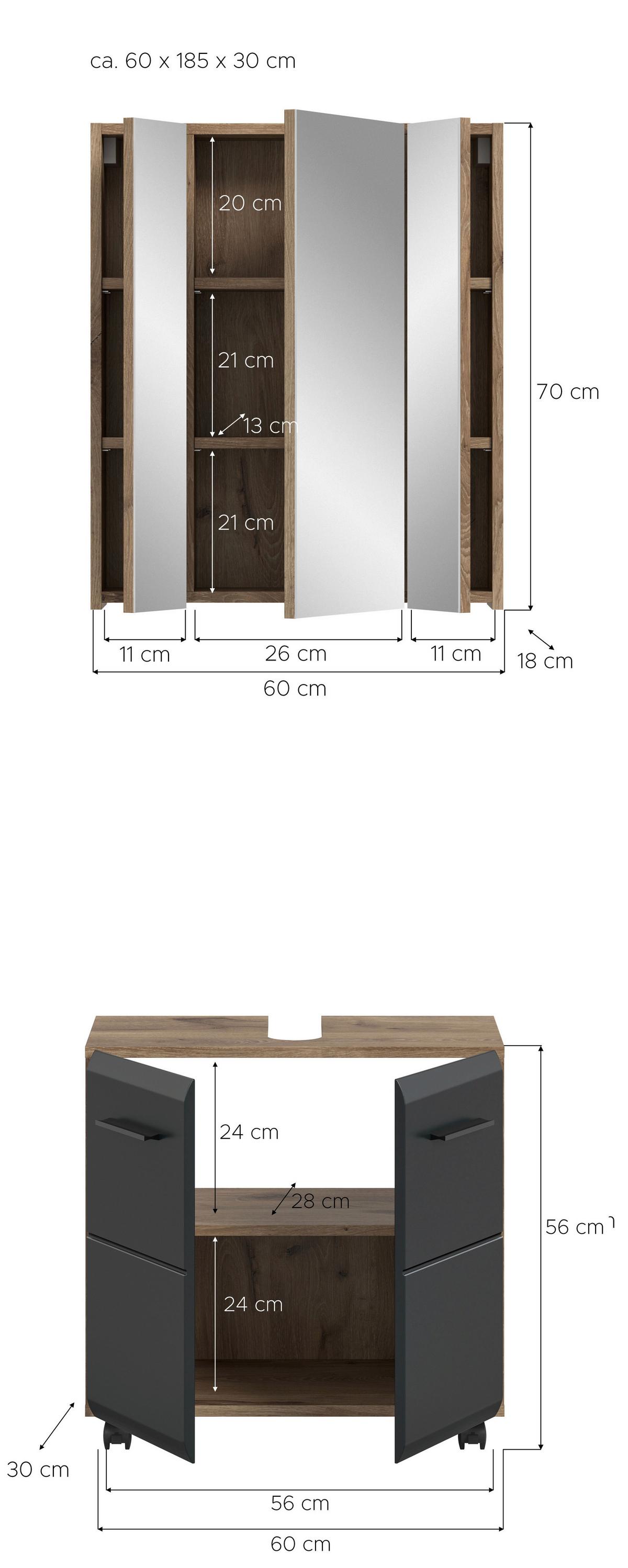 Badezimmer ICE Schwarz, Eiche dunkel B: 60 cm - Eiche dunkel/Schwarz, Trend, Glas/Holzwerkstoff (60cm) - MID.YOU