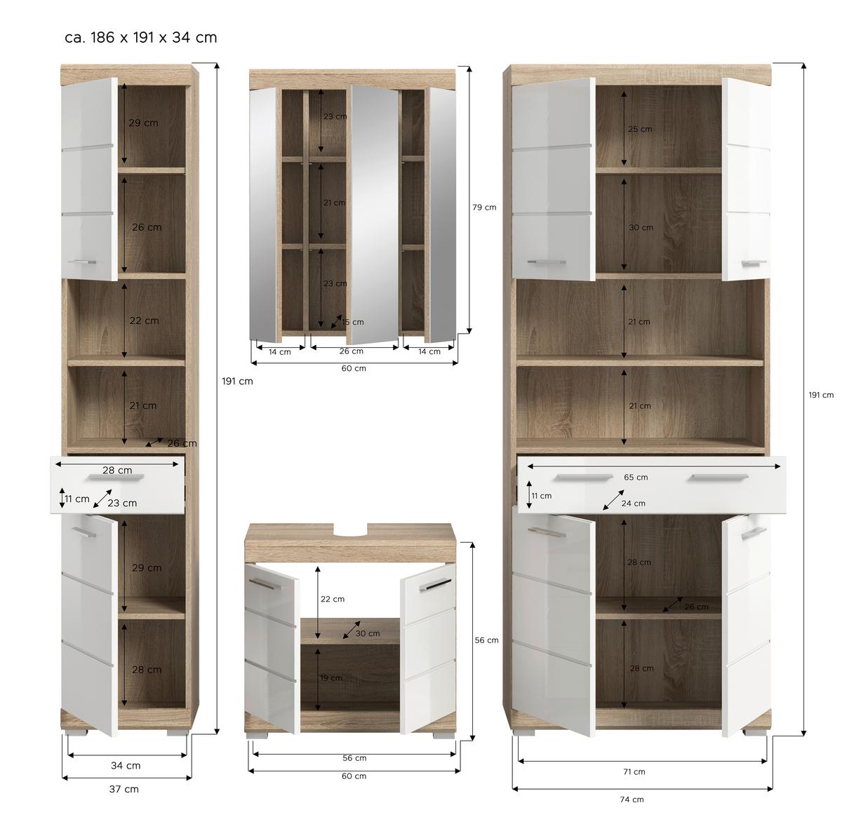 Badezimmer Lambada Eiche Dekor/Weiß B: 165 cm - Weiß Hochglanz/Silberfarben, MODERN, Glas/Holzwerkstoff (165cm) - MID.YOU