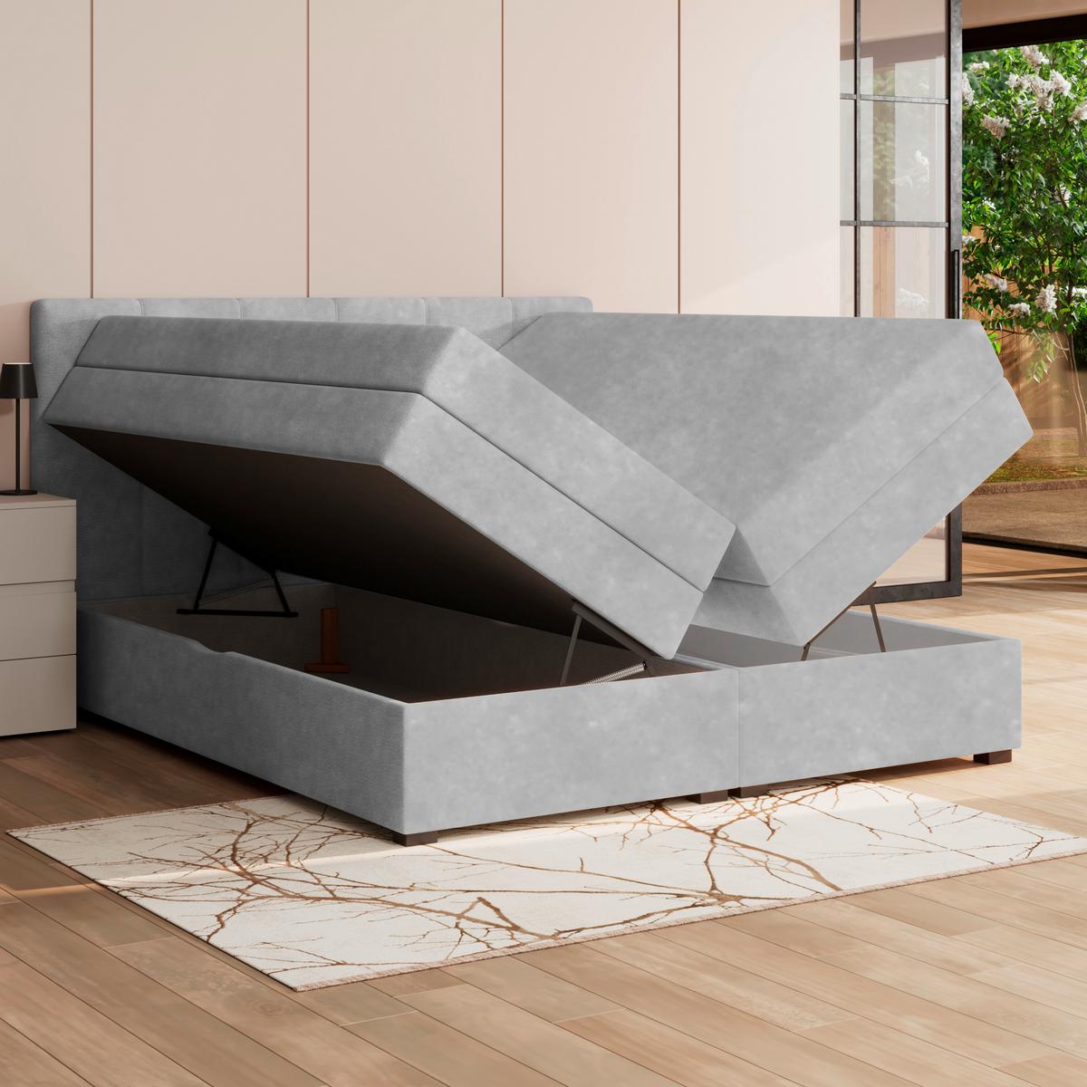 Boxspringbett mit Topper & Bettkasten 200x200 Lauro - Hellgrau/Schwarz, Trend, Textil (200/200cm)