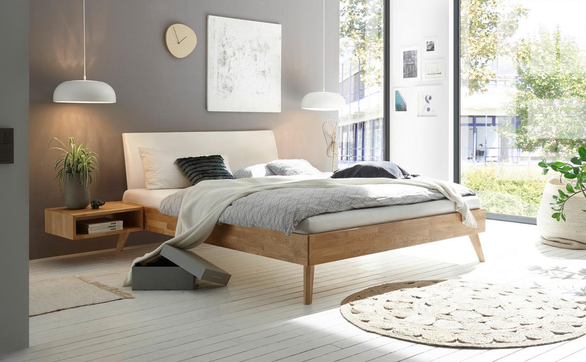 Bett Pesaro Mit Gepolstertem Kopfteil 200x200 - Eiche Bianco/Eichefarben, Design, Holz/Textil (200/200cm) - Hasena