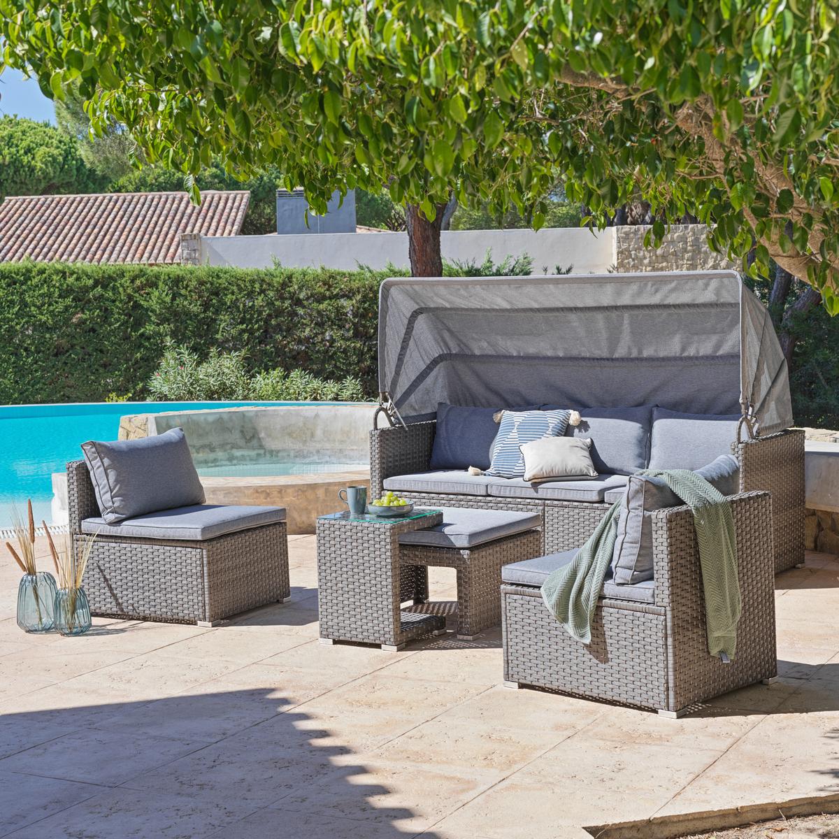 Lounge-garnitúra Almeria 5 Részes - szürke, Modern, műanyag/Üveg