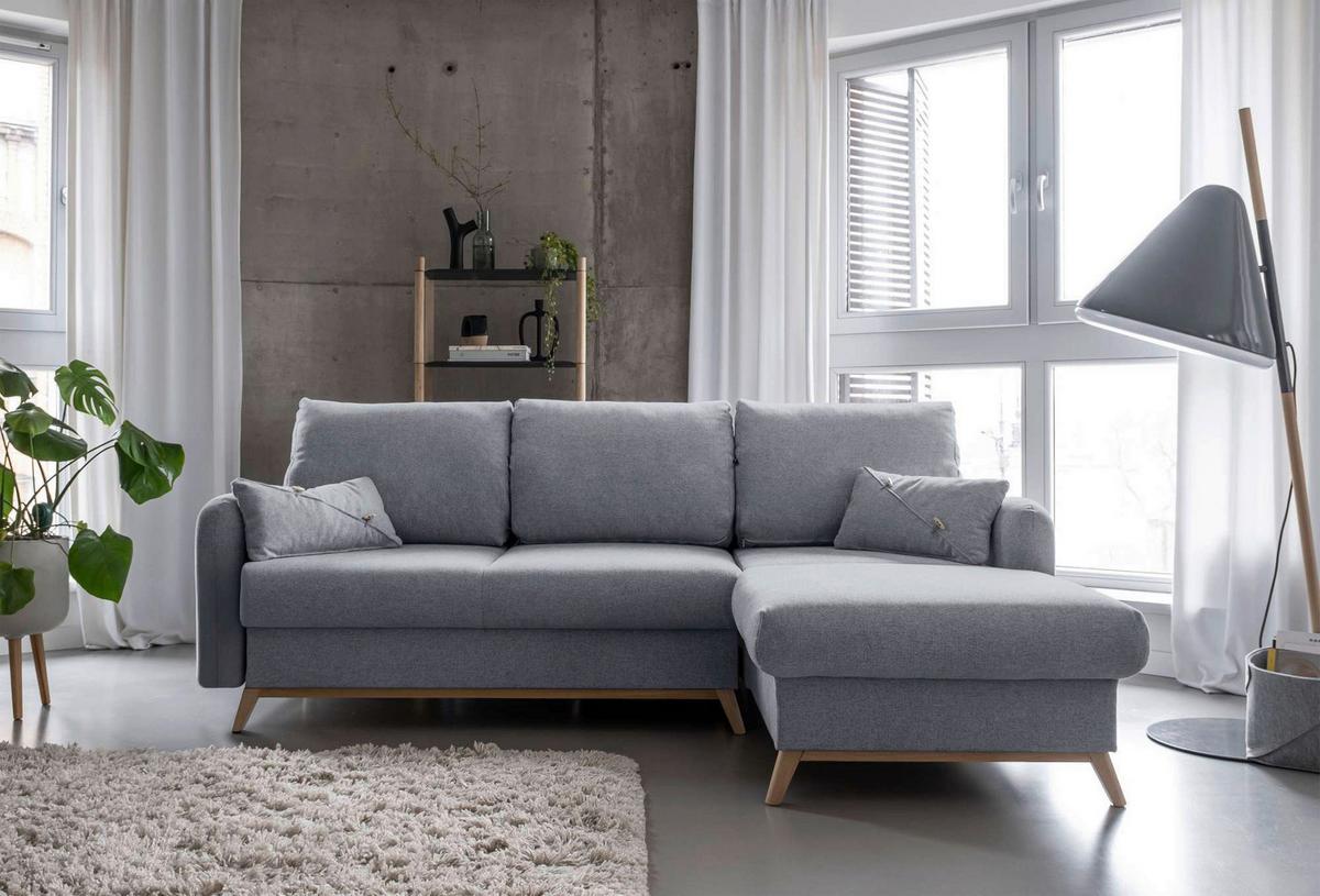 Sedačka LUCILE S, pravá, sv.sivá, úl.priestor a lôžko - prírodná farba/svetlosivá, drevo/textil (235/157cm) - MID.YOU