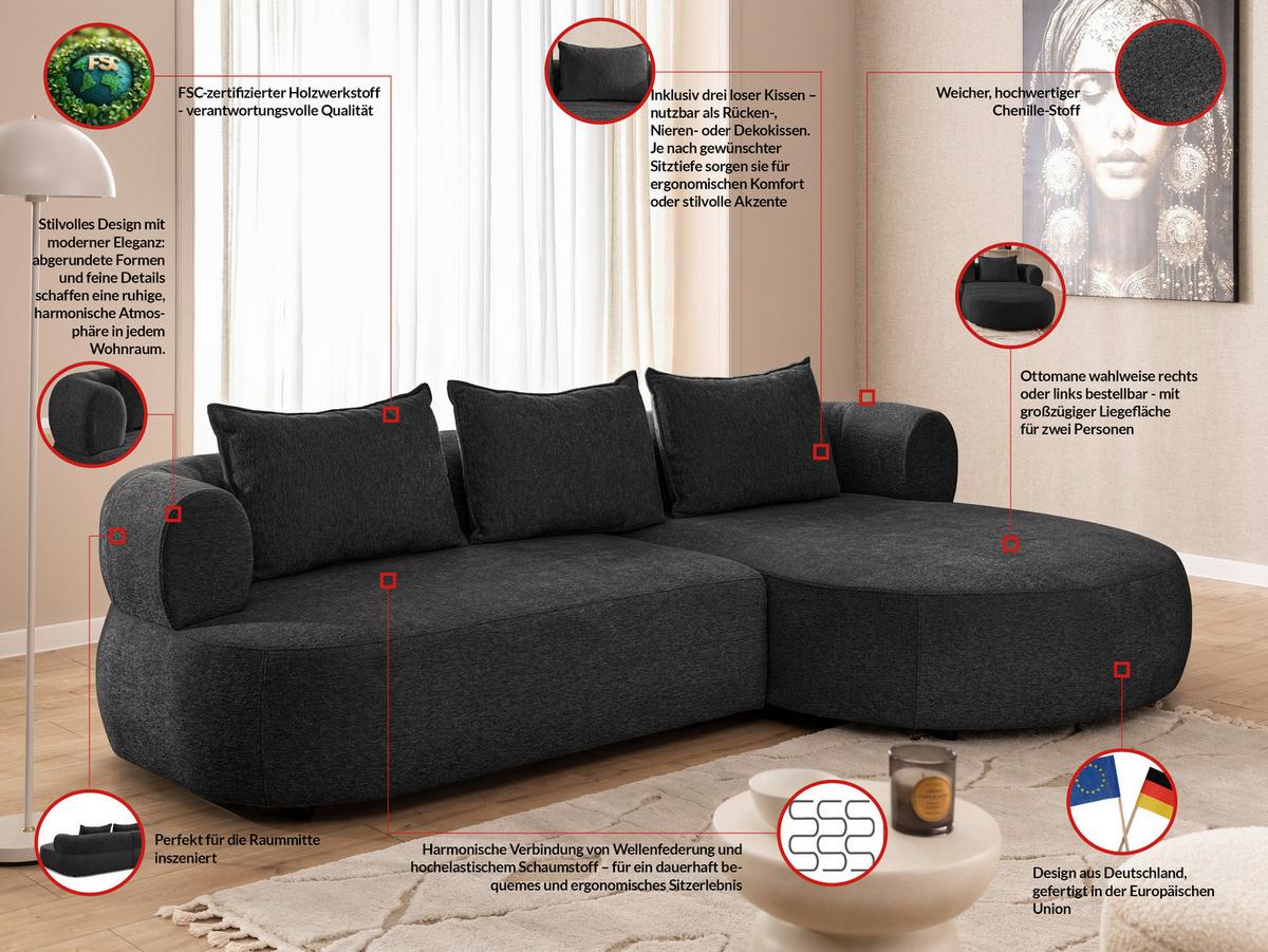 Ecksofa Ferro Schwarz S: 256x156 cm - Schwarz, Design, Textil (256/156cm) - Livetastic