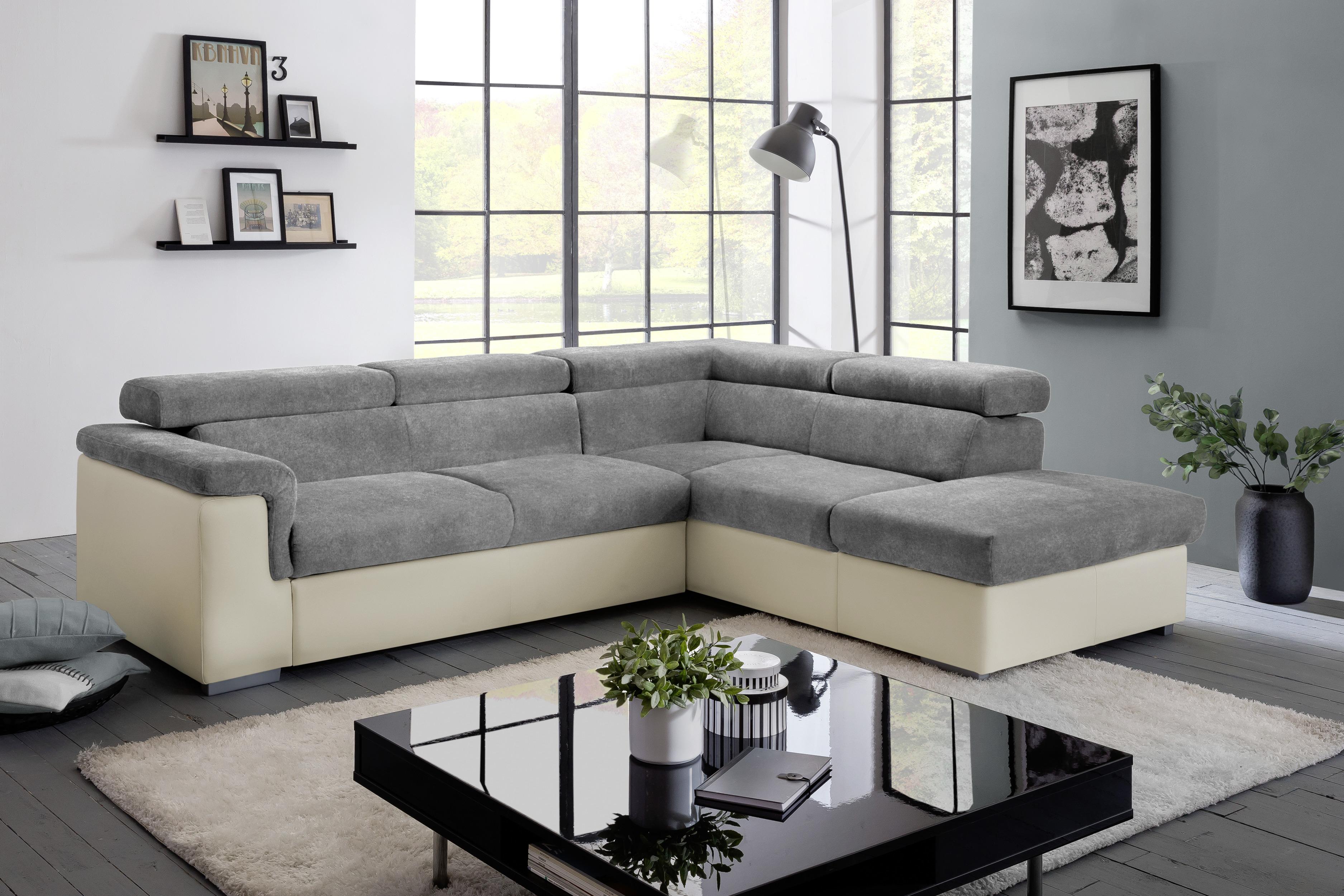 Ecksofa mit Schlaffunktion + Bettkasten Milla, Webstoff - Anthrazit/Braun, Basics, Holz/Textil (252/217cm) - MID.YOU