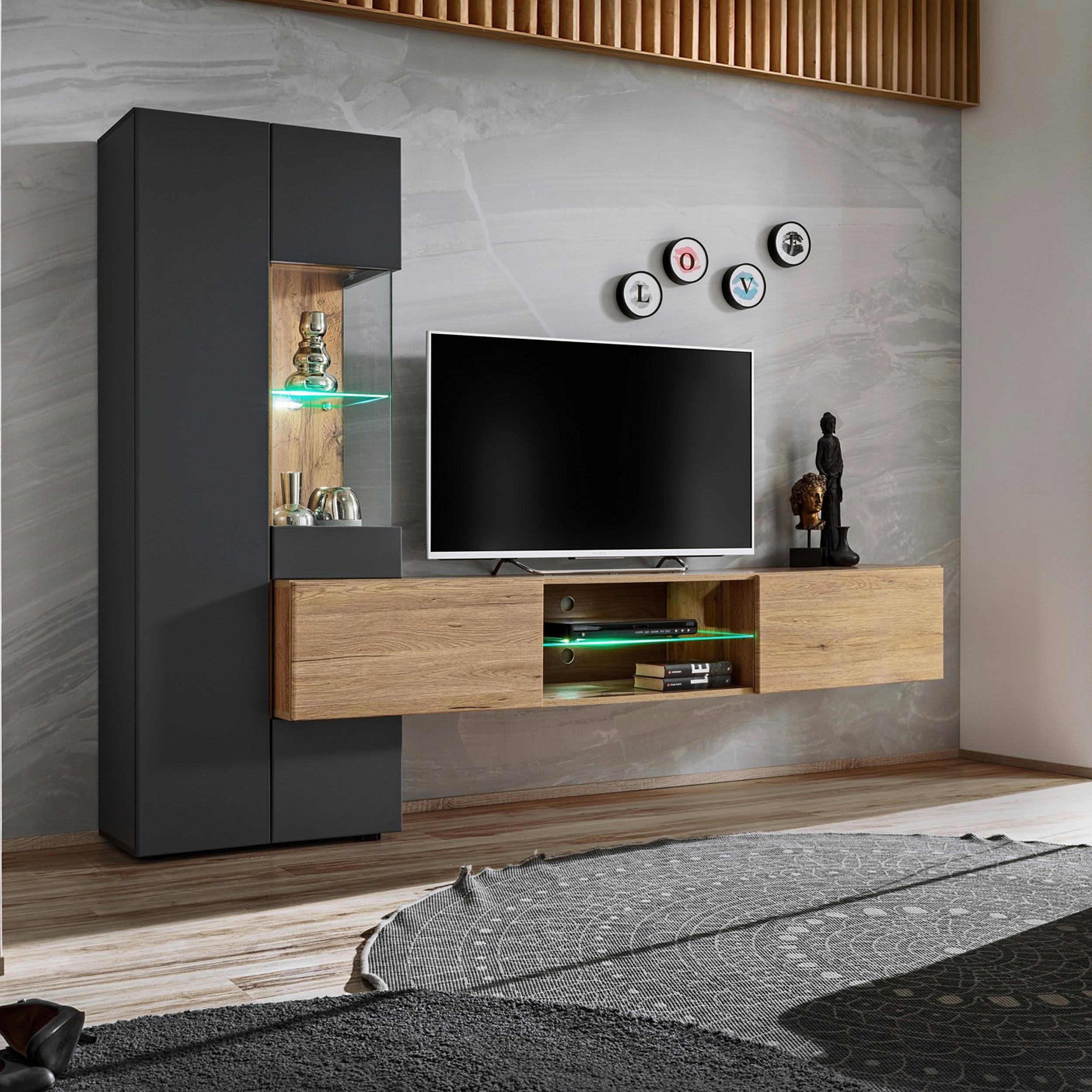 Obývacia stena TRY - dub wotan/antracitová, Modern, kompozitné drevo/plast (210/160/40cm) - Mömax