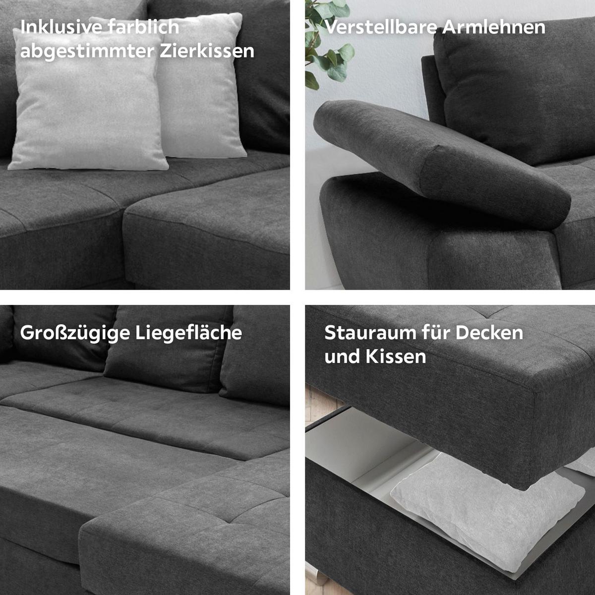 Wohnlandschaft Terana Mit Schlaffunktion, Anthrazit - Chromfarben/Anthrazit, KONVENTIONELL, Textil (219/305/157cm) - Livetastic