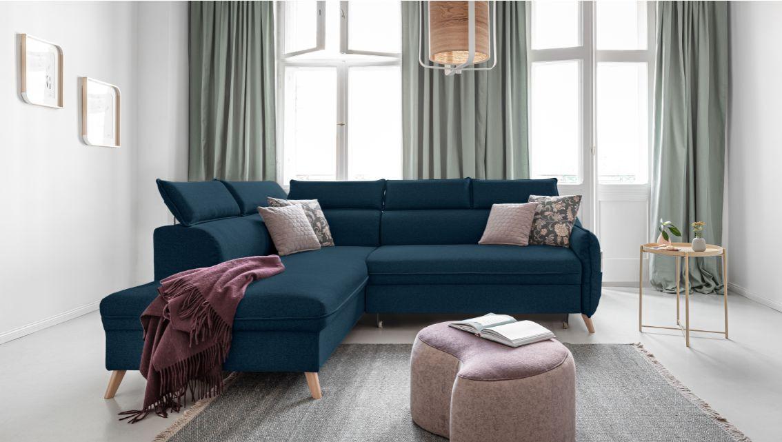 Rozkládací sedačka Simone, levé provedení - přírodní barvy/tmavě modrá, Moderní, dřevo/textil (253/82/95/208cm)