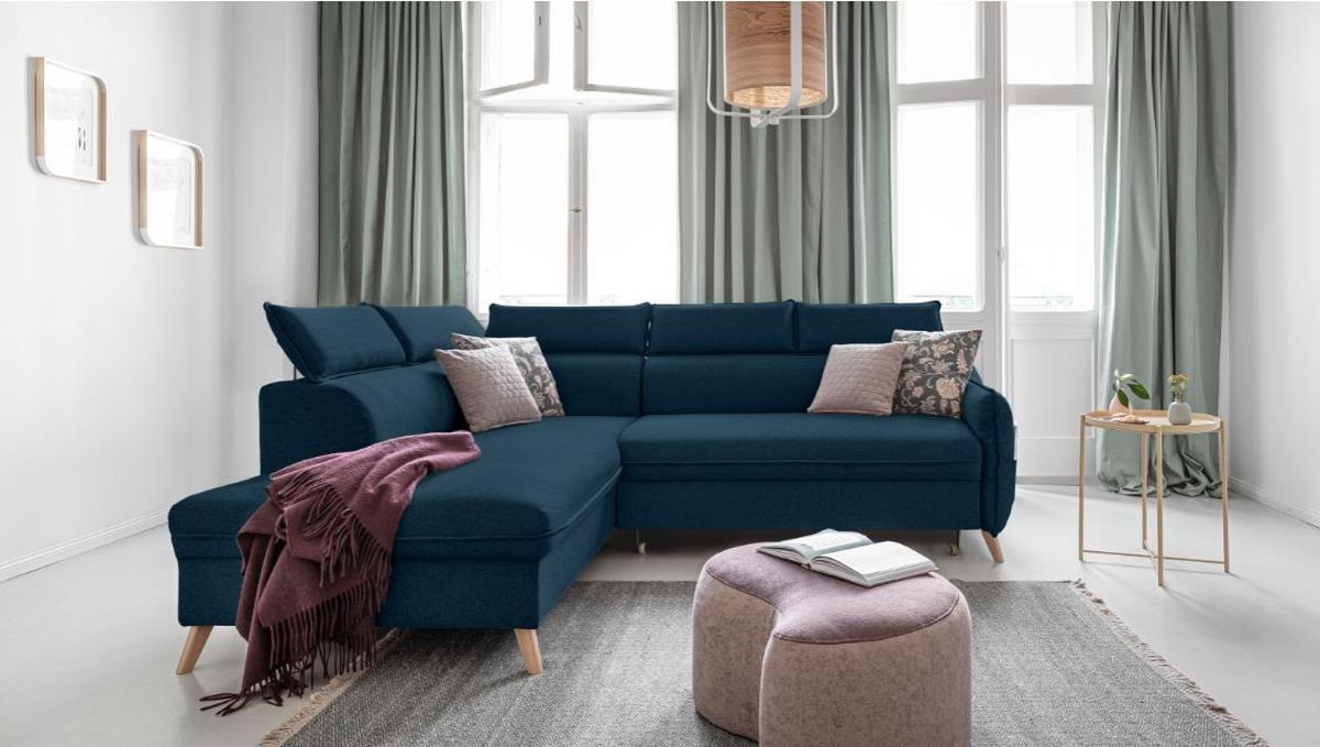 Rozkládací sedačka Simone, levé provedení - přírodní barvy/tmavě modrá, Moderní, dřevo/textil (253/82/95/208cm)