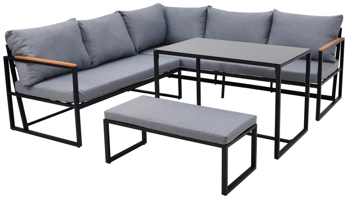 Loungegarnitur 3-tlg. Catania Stahl/holz/textil Mit Kissen - Schwarz/Grau, MODERN, Glas/Holz (206/206cm) - Beldano