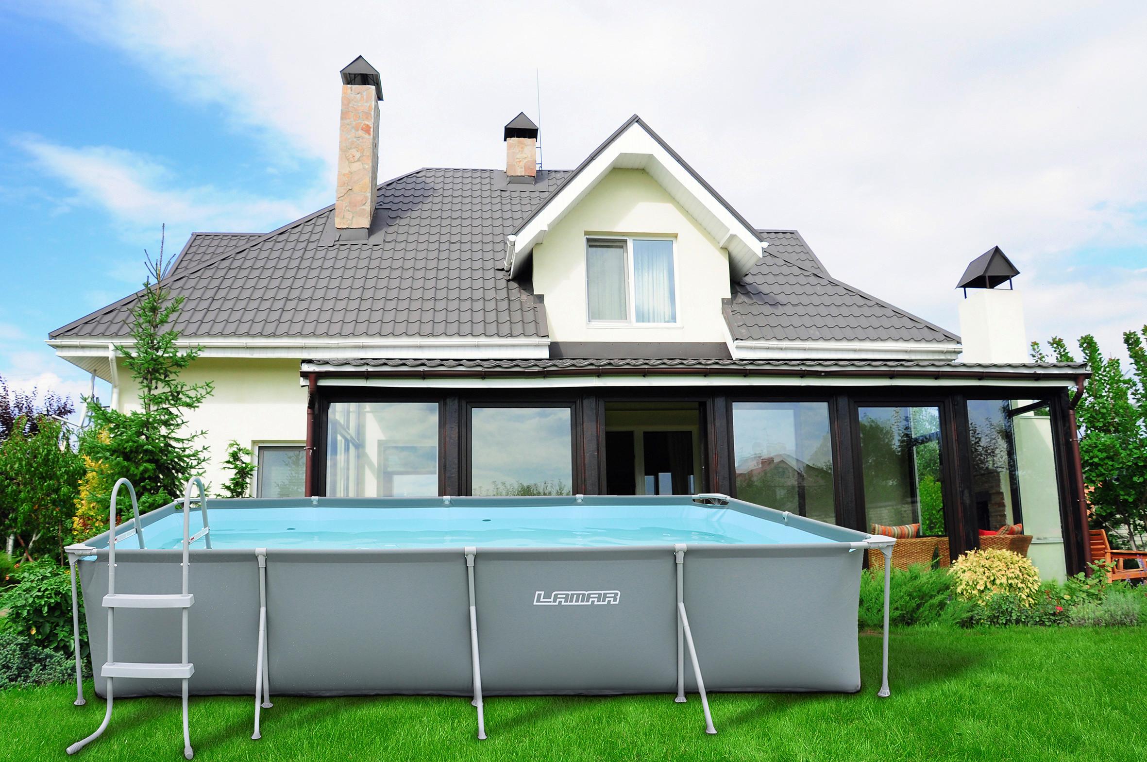 Aufstellpool-Set Rechteckig Poolset mit Leiter L: 404 cm - Blau/Grau, Basics, Kunststoff/Metall (404/201/76cm)
