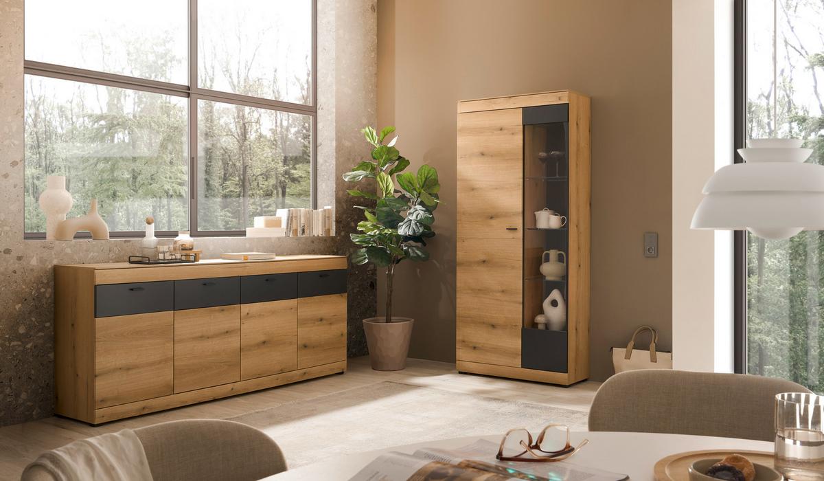 Vitrine Soleto Graphit-/Eichefarben B: 90cm - Eichefarben/Schwarz, Design, Holzwerkstoff (90/201/35cm) - MID.YOU
