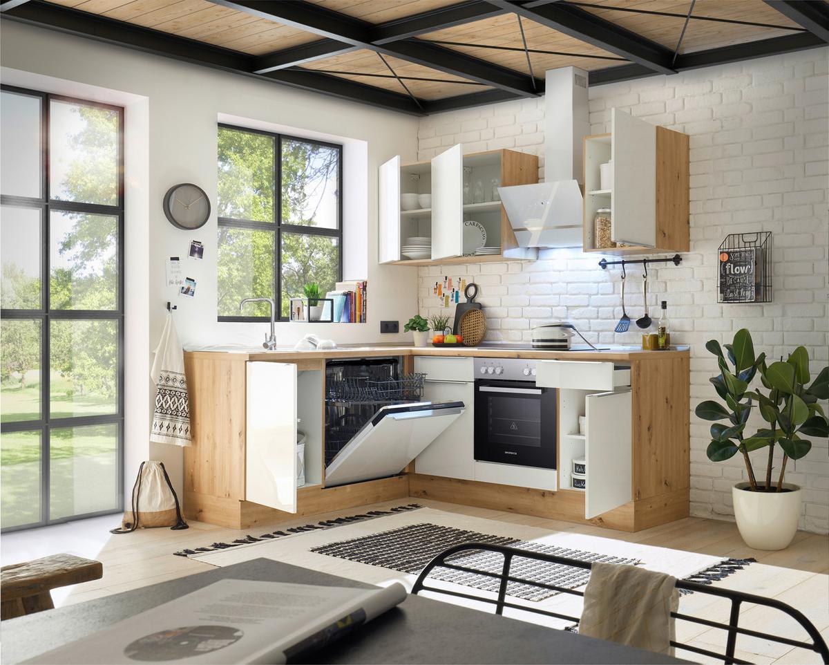 Eckküche mit Geräten 220x170 cm Weiß/Eiche Dekor, Modern - Weiß Hochglanz/Eiche Artisan, LIFESTYLE, Holzwerkstoff (220/170cm) - Respekta