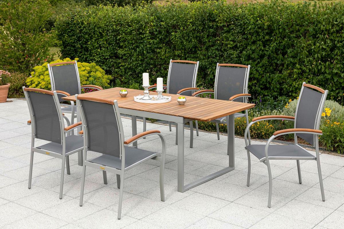 Gartentischgruppe Siena 7-Tlg. Aus Akazie, Tisch ausziehbar - Silberfarben/Naturfarben, KONVENTIONELL, Holz/Textil - Gardenson